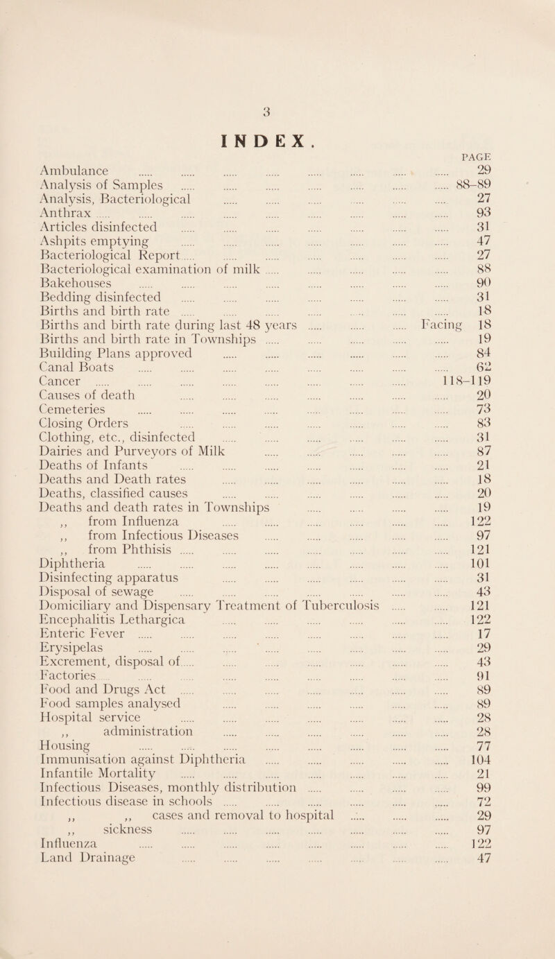 INDEX. PAGE Ambulance . . . . . . . . 29 Analysis of Samples . . . . . . . 88-89 x\nalysis, Bacteriological . . . . . . 27 x\nthrax. . . . . . . . . 93 Articles disinfected . . . . . . . 31 Ashpits emptying . . . . . . . 47 Bacteriological Report. . . . . . . 27 Bacteriological examination of milk. . . . . 88 Bakehouses . . . . . . . . 90 Bedding disinfected . . . . . . . 31 Births and birth rate . . . . . . . 18 Births and birth rate during last 48 years . . . Facing 18 Births and birth rate in Townships . . . . . 19 Building Plans approved . . . . . 84 Canal Boats . . . . . . . . 62 Cancer . . . . . . . . 118-119 Causes of death . . . . . . . 20 Cemeteries . . . . . . . 73 Closing Orders . . . . . . . 83 Clothing, etc., disinfected . . . . . . 31 Dairies and Purveyors of Milk . . . . . 87 Deaths of Infants . . . . . . . 21 Deaths and Death rates . . . . . . 18 Deaths, classified causes . . . . . ..... 20 Deaths and death rates in Townships . 19 ,, from Influenza . . . . . . 122 ,, from Infectious Diseases . 97 ,, from Phthisis . 121 Diphtheria . . . . . . . . 101 Disinfecting apparatus . . . . . . 31 Disposal of sewage . . . . . . . 43 Domiciliary and Dispensary Treatment of Tuberculosis . . 121 Encephalitis Lethargica . . . . . . 122 Enteric Fever . . . . . . . . 17 Erysipelas . . ..... ' . . . . . 29 Excrement, disposal of. . . . . . . 43 Factories. . . . . . . . . 91 Food and Drugs Act . . . . . . . 89 Food samples analysed . . . . . . 89 Hospital service . . . . . . . 28 ,, administration . . . . . . 28 Housing . . . . . . . . 77 Immunisation against Diphtheria . . . . . 104 Infantile Mortality . . . . . . . 21 Infectious Diseases, monthly distribution . . . . 99 Infectious disease in schools . . . . . ,.... 72 ,, ,, cases and removal to hospital ..... . . 29 ,, sickness . . . . . . . 97 Influenza . . . . . . . . 122 Land Drainage . . 47