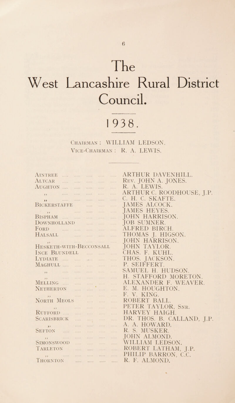 The West Lancashire Rural District Council. 1 938. Chairman : WILLIAM LEDSON. Vice-Chairman : R. A. LEWIS. Aintkee . ARTHUR DAVENHILL. Altcar . Rev. JOHN A. JONES. Aughton . R. A. LEWIS. „ . ARTHUR C. ROODHOUSE, J.P. r H r SKAFTI-' Bickerstaffe. I' Z ' . JAMES ALCOCK.' „ . JAMES HEYES. Bispham . JOHN HARRISON. UOWNHOLLANH . JOB SUMNER. Ford . ALFRED BIRCH. Halsall . THOMAS J. HIGSON. . JOHN HARRISON. Hesketh-with-Becconsall JOHN TAYLOR. Ince Blundell . CHAS. F. KUHL. Lydiate . THOS. JACKSON. M.aghull. P. SEIFF'ERT. „ . SAMUEL H. HUDSON. „ . H. STAFFORD MORETON. Melling . ALEXANDER F. WEAVER. Nethekton . ■ . E. M. HOUGHTON. „ . F. V. KING. North Meols . ROBERT BALL. . PETER TAYLOR, Snr. Rufford . H.XRVEY H.YIGH. SCAKISBRICK . DR. THOS. B. GALLANT), J.P. „ . A. A. HOWARD. Sefton . R. S. MUSKER. ,, . JOHN AlAIOND. SiMONswooi) . WILLIAM LEDSON. T.arleton . ROBERT L.\TH.^;\L f.P. „ . PHILIP BARRON, C'C. Thornton . R. F. ALJIOND.