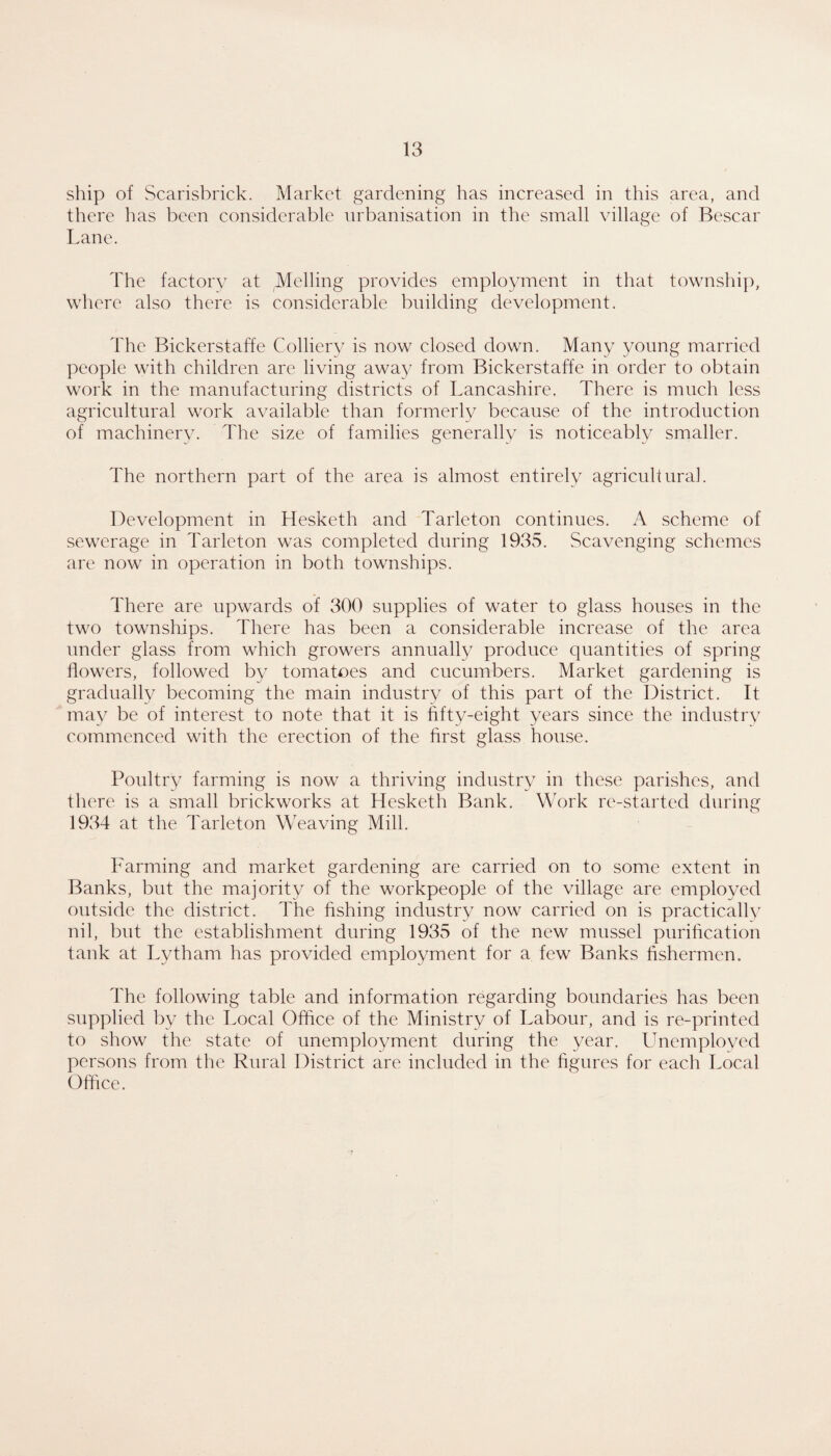 ship of Scarisbrick. Market gardening has increased in this area, and there has been considerable urbanisation in the small village of Bescar Lane. The factory at Melling provides employment in that township, where also there is considerable building development. The Bickerstaffe Colliery is now closed down. Many young married people with children are living away from Bickerstaffe in order to obtain work in the manufacturing districts of Lancashire. There is much less agricultural work available than formerly because of the introduction of machinery. The size of families generally is noticeably smaller. The northern part of the area is almost entirely agriculiural. Development in Hesketh and Tarleton continues. A scheme of sewerage in Tarleton was completed during 1935. Scavenging schemes are now in operation in both townships. There are upwards of 300 supplies of water to glass houses in the two townships. There has been a considerable increase of the area under glass from which growers annually produce quantities of spring flowers, followed by tomatoes and cucumbers. Market gardening is gradually becoming the main industry of this part of the District. It may be of interest to note that it is fifty-eight years since the industry commenced with the erection of the first glass house. Poultry farming is now a thriving industry in these parishes, and there is a small brickworks at Hesketh Bank. Work re-started during 1934 at the Tarleton Weaving Mill. Farming and market gardening are carried on to some extent in Banks, but the majority of the workpeople of the village are employed outside the district. The fishing industry now carried on is practically nil, but the establishment during 1935 of the new mussel purification tank at Lytham has provided employment for a few Banks fishermen. The following table and information regarding boundaries has been supplied by the Local Office of the Ministry of Labour, and is re-printed to show the state of unemployment during the year. LTnemploved persons from the Rural District are included in the figures for each Local Office.