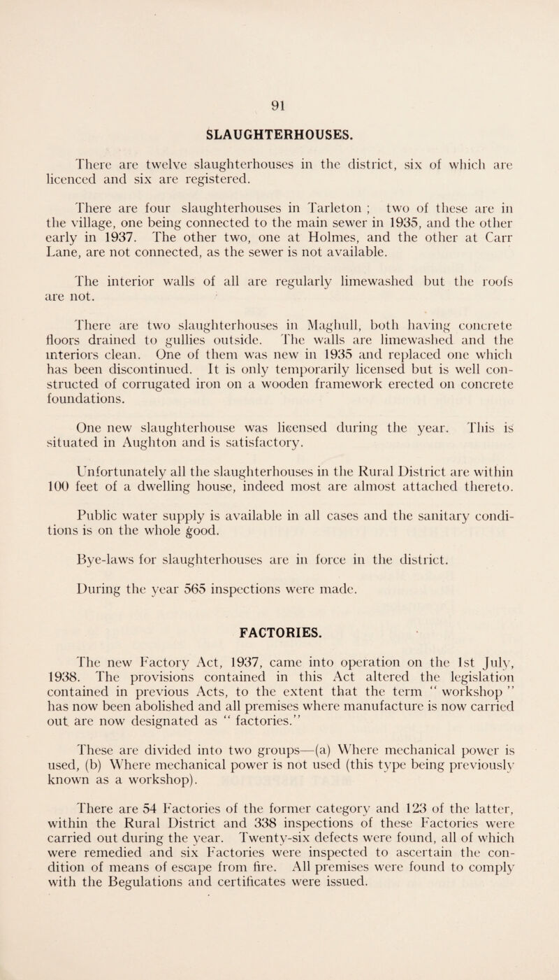 SLAUGHTERHOUSES. There are twelve slaughterhouses in the district, six of which are licenced and six are registered. There are four slaughterhouses in Tarleton ; two of these are in the village, one being connected to the main sewer in 1935, and the other early in 1937. The other two, one at Holmes, and the other at Carr Lane, are not connected, as the sewer is not available. The interior walls of all are regularly limewashed but the roofs are not. There are two slaughterhouses in Maghull, both having concrete doors drained to gullies outside. The walls are limewashed and the interiors clean. One of them was new in 1935 and replaced one which has been discontinued. It is only temporarily licensed but is well con¬ structed of corrugated iron on a wooden framework erected on concrete foundations. One new slaughterhouse was licensed during the year. This is situated in Aughton and is satisfactory. Unfortunately all the slaughterhouses in the Rural District are within 100 feet of a dwelling house, indeed most are almost attached thereto. Public water supply is available in all cases and the sanitary condi¬ tions is on the whole ^ood. Bye-laws for slaughterhouses are in force in the district. During the year 565 inspections were made. FACTORIES. The new Factory Act, 1937, came into operation on the 1st July, 1938. The provisions contained in this Act altered the legislation contained in previous Acts, to the extent that the term “ workshop ” has now been abolished and all premises where manufacture is now carried out are now designated as “ factories.” These are divided into two groups—(a) Where mechanical power is used, (b) Where mechanical power is not used (this type being previously known as a workshop). There are 54 Factories of the former category and 123 of the latter, within the Rural District and 338 inspections of these Factories were carried out during the year. Twenty-six defects were found, all of which were remedied and six Factories were inspected to ascertain the con¬ dition of means of escape from fire. All premises were found to comply with the Begulations and certificates were issued.
