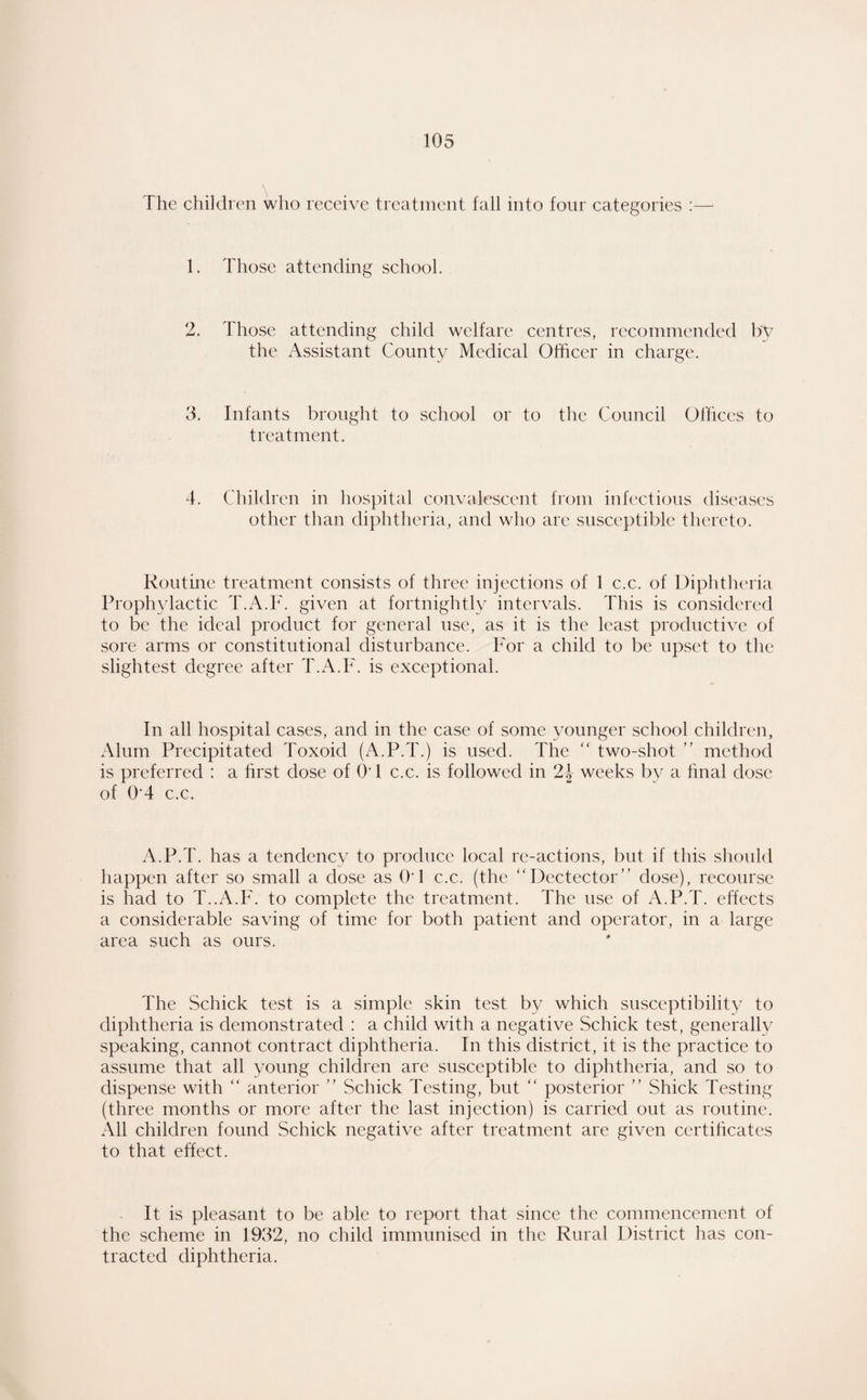 The children who receive treatineiit fall into four categories :— 1. Those attending school. 2. Those attending child welfare centres, recommended by the Assistant County Medical Officer in charge. 3. Infants brought to school or to the Council Olfices to treatment. 4. Children in hospital convalescent from infectious diseases other than diphtheria, and who are susceptible thereto. Routine treatment consists of three injections of 1 c.c. of Diphtheria Prophylactic T.A.F. given at fortnightly intervals. This is considered to be the ideal product for general use, as it is the least productive of sore arms or constitutional disturbance. For a child to be upset to the slightest degree after T.A.F. is exceptional. In all hospital cases, and in the case of some younger school children, Alum Precipitated Toxoid (A.P.T.) is used. The “ two-shot ” method is preferred : a hrst dose of OT c.c. is followed in 2| weeks by a hnal dose of 0’4 c.c. A.P.4', has a tendency to produce local re-eictions, but if this should happen after so small a dose as OT c.c. (the Dectector” dose), recourse is had to T..A.F. to complete the treatment. The use of A.P.T. effects a considerable saving of time for both patient and operator, in a large area such as ours. The Schick test is a simple skin test by which susceptibility to diphtheria is demonstrated : a child with a negative Schick test, generally speaking, cannot contract diphtheria. In this district, it is the practice to assume that all young children are susceptible to diphtheria, and so to dispense with “ anterior ” Schick Testing, but ‘‘ posterior  Shick Testing (three months or more after the last injection) is carried out as routine. All children found Schick negative after treatment are given certiheates to that effect. It is pleasant to be able to report that since the commencement of the scheme in 1932, no child immunised in the Rural District has con¬ tracted diphtheria.