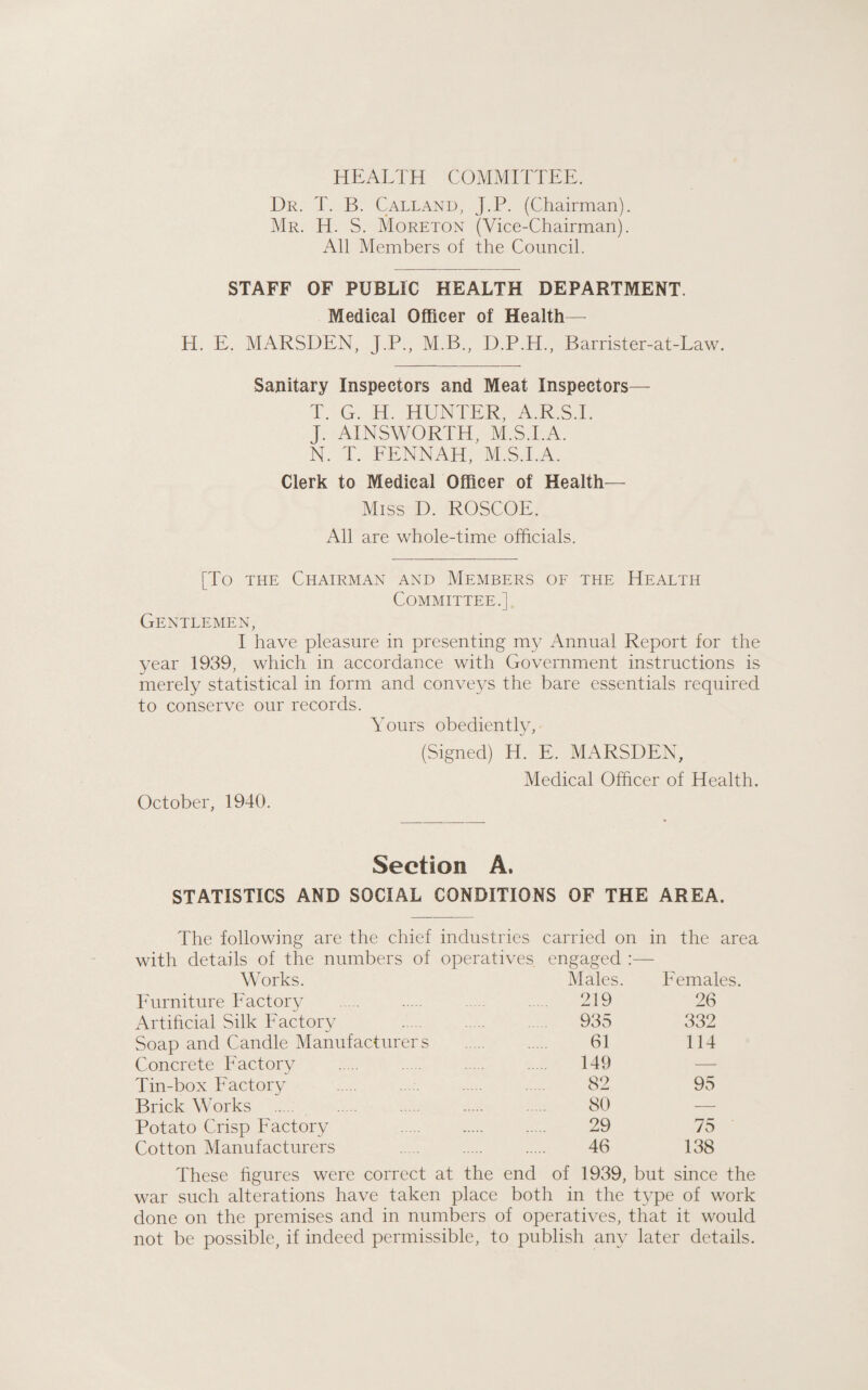 HEALTH COMMITTEE. Dr. T. B. Calland, J.P. (Chairman). Mr. H. S. Moreton (Vice-Chairman). All Members of the Council. STAFF OF PUBLIC HEALTH DEPARTMENT. Medical Officer of Health— H. E. MARSDEN, J.P., M.B., D.P.H., Barrister-at-Law. Sanitary Inspectors and Meat Inspectors— T. G. H. HUNTER, A.R.S.I. J. AINSWORTH, M.S.I.A. N. T. FENNAH, M.S.I.A. Clerk to Medical Officer of Health— Miss D. ROSCOE. All are whole-time officials. [To the Chairman and Members of the Health Committee.] Gentlemen, I have pleasure in presenting my Annual Report for the year 1939, which in accordance with Government instructions is merely statistical in form and conveys the bare essentials required to conserve our records. Yours obediently, (Signed) H. E. MARSDEN, Medical Officer of Health. October, 1940. Section A. STATISTICS AND SOCIAL CONDITIONS OF THE AREA. The following are the chief industries carried on in the area with details of the numbers of operatives engaged :— Works. Males. Females. Furniture Factory 219 26 Artificial Silk Factory . 935 332 Soap and Candle Manufacturers 61 114 Concrete Factory . 149 — Tin-box Factory 82 95 Brick Works 80 — Potato Crisp Factory . 29 75 Cotton Manufacturers . 46 138 These figures were correct at the end of 1939, but since the war such alterations have taken place both in the type of work done on the premises and in numbers of operatives, that it would not be possible, if indeed permissible, to publish any later details.