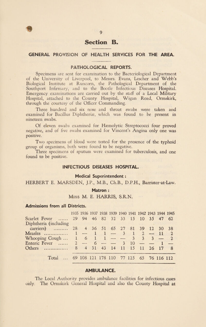 Section B. GENERAL PROVISION OF HEALTH SERVICES FOR THE AREA. PATHOLOGICAL REPORTS. Specimens are sent for examination to the Bacteriological Department of the University of Liverpool, to Messrs. Evans, Lescher and Webb’s Biological Institute at Runcorn, the Pathological Department of the Southport Infirmary, and to the Bootle Infectious Diseases Hospital. Emergency examinations are carried out by the staff of a Local Military Hospital, attached to the County Hospital, Wigan Road, Ormskirk, through the courtesy of the Officer Commanding. Three hundred and six nose and throat swabs were taken and examined for Bacillus Diphtheria:, which was found to be present in nineteen swabs. Of eleven swabs examined for Haemolytic Streptococci four proved negative, and of five swabs examined for Vincent’s Angina only one was positive. Two specimens of blood were tested for the presence of the typhoid group of organisms, both were found to be negative. Three specimens of sputum were examined for tuberculosis, and one found to be positive. INFECTIOUS DISEASES HOSPITAL. Medical Superintendent: HERBERT E. MARSDEN, J.P., M.B., Ch.B., D.P.H., Barrister-at-Law. Matron : Miss M. E. HARRIS, S.R.N. Admissions from all Districts. 1935 1936 1937 1938 1939 1940 1941 1942 1943 1944 1945 Scarlet Fever . 29 94 46 82 32 33 15 10 35 47 62 Diphtheria (including carriers) . 28 4 36 51 65 27 81 39 12 30 38 Measles . 1 — 1 1 — 3 1 2 — 11 2 Whooping Cough ... 1 6 1 1 — — 3 3 3 — 2 Enteric Fever . 2 — 6 — — 3 10 — —- 1 — Others . 8 4 31 43 14 11 15 11 26 17 8 Total ... 69 108 121 178 110 77 125 65 76 116 112 AMBULANCE. The Local Authority provides ambulance facilities for infectious cases only. The Ormskirk General Hospital and also the County Hospital at