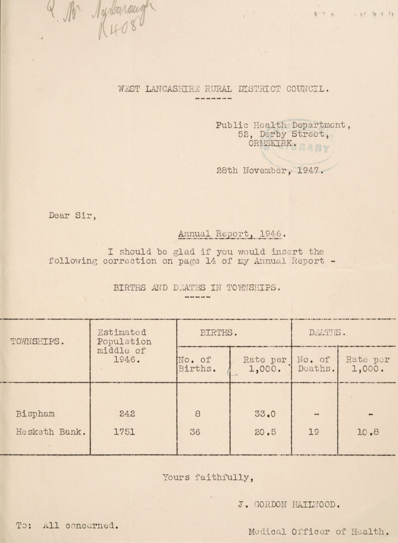 •r * u ii iij t' !ji| 4 i'i,: 0 I WEST LANCASHIRE RURAL DISTRICT COUNCIL. Public Health Department, 52, Derby Street, ORMKEDRK. 28th November,- 1947. Dear Sir, Annual Report, 1946. following I should be glad if you would insert the correction on page 14 of my Annual Report BIRTHS AND DEATHS IN TOWNSHIPS. Estimated BIRTHS. n ■?/: rpi/rq J. .u 1 .i i-VO « TOWNSHIPS. Population middle of 1946. No. of Rate per No. of Rate per Births, j 1,000. ' Deaths. 1,000. Bispham 242 8 33.0 Heskath Bank. 1751 36 20.5 19 * :r-.~m--T*wuit'SLT3c*rt% -wrrj+K 10 .8 Yours faithfully, J. GORDON HAILWOOD. All concerned.