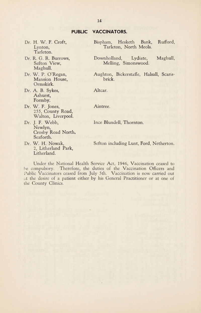 PUBLIC VACCINATORS. Dr. H. W. F. Croft, Lynton, Tarleton. Dr. R. G. R. Burrows, Sefton View, Maghull. Dr. W. P. O’Regan, Mansion House, Ormskirk. Dr. A. B. Sykes, Ashurst, Formby. Dr. W. F. Jones, 255, County Road, Walton, Liverpool. Dr. J. F. Webb, Newlyn, Crosby Road North, Seaforth. Dr. W. H. Nowak, 2, Litherland Park, Litherland. Bispham, Hesketh Bank, Rufford, Tarleton, North Meols. Downholland, Lydiate, Maghull, Mellmg, Simonswood. Aughton, Bickerstaffe, Halsall, Scans' brick. Altcar. Aintree. Ince Blundell, Thornton. Sefton including Lunt, Ford, Netherton. Under the National Health Service Act, 1946, Vaccination ceased to be compulsory. Therefore, the duties of the Vaccination Officers and Public Vaccinators ceased from July 5th. Vaccination is now carried out at the desire of a patient either by his General Practitioner or at one of the County Clinics.