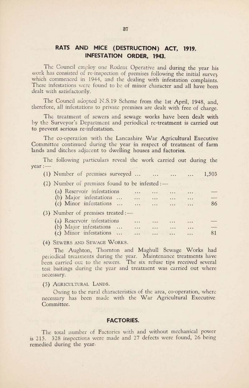 RATS AND MICE (DESTRUCTION) ACT, 1919. INFESTATION ORDER, 1943. The Council employ one Rodent Operative and during the year his work has consisted of re-inspection of premises following the initial survey which commenced m 1944, and the dealing with infestation complaints. These infestations were found to be of minor character and all have been dealt with satisfactorily. The Council adopted N.S.19 Scheme from the 1st April, 1948, and, therefore, all infestations to private premises are dealt with free of charge. The treatment of sewers and sewage works have been dealt with by the Surveyor’s Department and periodical re-treatment is carried out to prevent serious re-infestation. The co-operation with the Lancashire War Agricultural Executive Committee continued during the year in respect of treatment of farm lands and ditches adjacent to dwelling houses and factories. The following particulars reveal the work carried out during the year : -—- (1) Number of premises surveyed ... ... ... ... 1,503 (2) Number of premises found to be infested: — (a) Reservoir infestations ... ... ... ... — (b) Major infestations ... ... ... ... ... — (c) Minor infestations ... ... ... ... ... 86 (3) Number of premises treated: — (a) Reservoir infestations ... ... ... ... — (b) Major infestations ... ... ... ... ... — (c) Minor infestations ... ... ... ... ... 81 (4) Sewers and Sewage Works. The Aughton, Thornton and Maghull Sewage Works had periodical treatments during the year. Maintenance treatments have been carried out to the sewers. The six refuse tips received several test baitings during the year and treatment was carried out where necessary. (5) Agricultural Lands. Owing to the rural characteristics of the area, co-operation, where necessary has been made with the War Agricultural Executive Committee. FACTORIES. The total number of Factories with and without mechanical power is 215. 328 inspections were made and 27 defects were found, 26 being remedied during the year-
