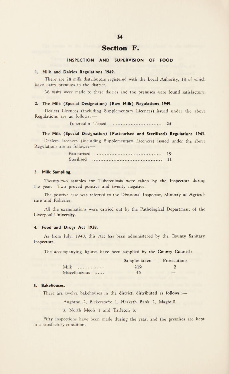 Section F. INSPECTION AND SUPERVISION OF FOOD 1. Milk and Dairies Regulations 1949. There are 28 milk distributors registered with the Local Auhority, 18 of which have dairy premises in the district. 36 visits were made to these dairies and the premises were found satisfactory. 2. The Milk (Special Designation) (Raw Milk) Regulations 1949. Dealers Licences (including Supplementary Licences) issued under the above Regulations are as follows:—- Tuberculin Tested . 24 The Milk (Special Designation) (Pasteurised and Sterilised) Regulations 1949 Dealers Licences (including Supplementary Licences) issued under the above Regulations are as follows:-— Pasteurised . 19 Sterilised .. 11 3. Milk Sampling. Twenty-two samples for Tuberculosis were taken by the Inspectors during the year. Two proved positive and twenty negative. The positive case was referred to the Divisional Inspector, Ministry of Agricul¬ ture and Fisheries. All the examinations were carried out by the Pathological Department of the Liverpool University. 4. Food and Drugs Act 1938. As from July, 1940, this Act has been administered by the County Sanitary Inspectors. The accompanying figures have been supplied by the County Council:-— • Samples taken Prosecutions Milk . 219 2 Miscellaneous . 45 — 5. Bakehouses. There are twelve bakehouses in the district, distributed as follows:—- Aughton 2, Bickerstaffe 1, Hesketh Bank 2, Maghull 3, North Meols 1 and Tarleton 3. Fifty inspections have been made during the year, and the premises are kept m a satisfactory condition.