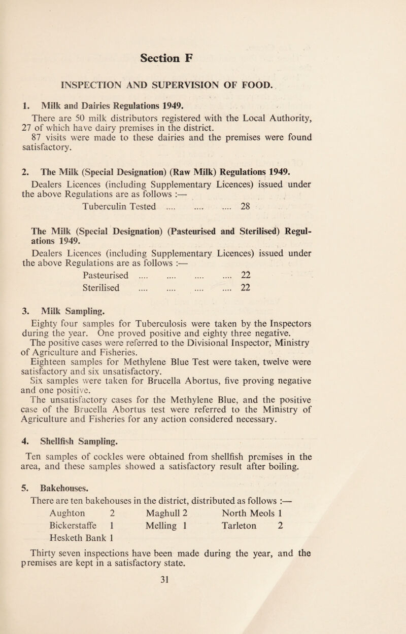 INSPECTION AND SUPERVISION OF FOOD. 1. Milk and Dairies Regulations 1949. There are 50 milk distributors registered with the Local Authority, 27 of which have dairy premises in the district. 87 visits were made to these dairies and the premises were found satisfactory. 2. The Milk (Special Designation) (Raw Milk) Regulations 1949. Dealers Licences (including Supplementary Licences) issued under the above Regulations are as follows :— Tuberculin Tested . 28 The Milk (Special Designation) (Pasteurised and Sterilised) Regul¬ ations 1949. Dealers Licences (including Supplementary Licences) issued under the above Regulations are as follows :— Pasteurised . 22 Sterilised . 22 3. Milk Sampling. Eighty four samples for Tuberculosis were taken by the Inspectors during the year. One proved positive and eighty three negative. The positive cases were referred to the Divisional Inspector, Ministry of Agriculture and Fisheries. Eighteen samples for Methylene Blue Test were taken, twelve were satisfactory and six unsatisfactory. Six samples were taken for Brucella Abortus, five proving negative and one positive. The unsatisfactory cases for the Methylene Blue, and the positive case of the Brucella Abortus test were referred to the Ministry of Agriculture and Fisheries for any action considered necessary. 4. Shellfish Sampling. Ten samples of cockles were obtained from shellfish premises in the area, and these samples showed a satisfactory result after boiling. 5. Bakehouses. There are ten bakehouses in the district, distributed as follows :— Aughton 2 Maghull 2 North Meols 1 Bickerstalfe 1 Melting 1 Tarleton 2 Hesketh Bank 1 Thirty seven inspections have been made during the year, and the premises are kept in a satisfactory state.