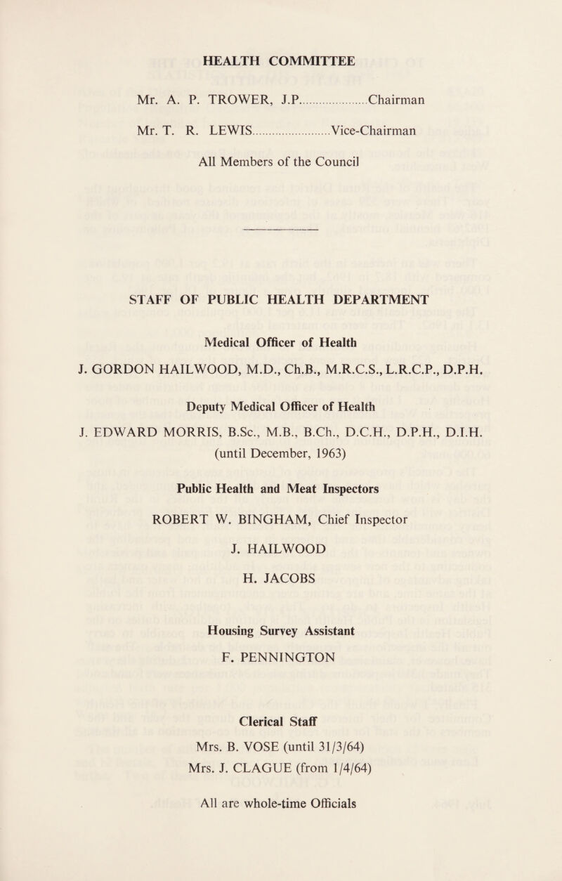HEALTH COMMITTEE Mr. A. P. TROWER, J.P.Chairman Mr. T. R. LEWIS.Vice-Chairman All Members of the Council STAFF OF PUBLIC HEALTH DEPARTMENT Medical Officer of Health J. GORDON HAILWOOD, M.D., Ch.B., M.R.C.S., L.R.C.P., D.P.H. Deputy Medical Officer of Health J. EDWARD MORRIS, B.Sc., M.B., B.Ch., D.C.H., D.P.H., D.I.H. (until December, 1963) Public Health and Meat Inspectors ROBERT W. BINGHAM, Chief Inspector J. HAILWOOD H. JACOBS Housing Survey Assistant F. PENNINGTON Clerical Staff Mrs. B. VOSE (until 31/3/64) Mrs. J. CLAGUE (from 1 /4/64) All are whole-time Officials
