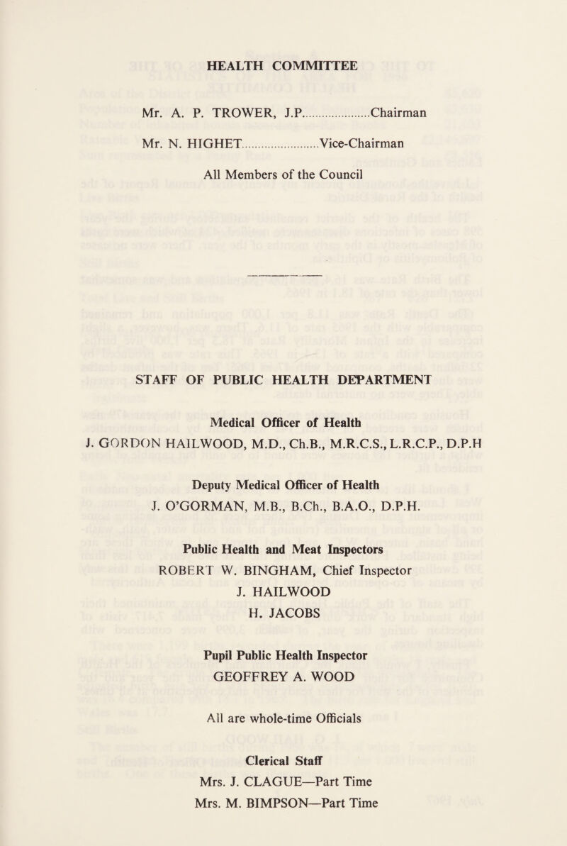 HEALTH COMMITTEE Mr. A. P. TROWER, J.P.Chairman Mr. N. HIGHET.Vice-Chairman All Members of the Council STAFF OF PUBLIC HEALTH DEPARTMENT Medical Officer of Health J. GORDON HAILWOOD, M.D., Ch.B., M.R.C.S., L.R.C.P., D.P.H Deputy Medical Officer of Health J. O’GORMAN, M.B., B.Ch., B.A.O., D.P.H. Public Health and Meat Inspectors ROBERT W. BINGHAM, Chief Inspector J. HAILWOOD H. JACOBS Pupil Public Health Inspector GEOFFREY A. WOOD All are whole-time Officials Clerical Staff Mrs. J. CLAGUE—Part Time