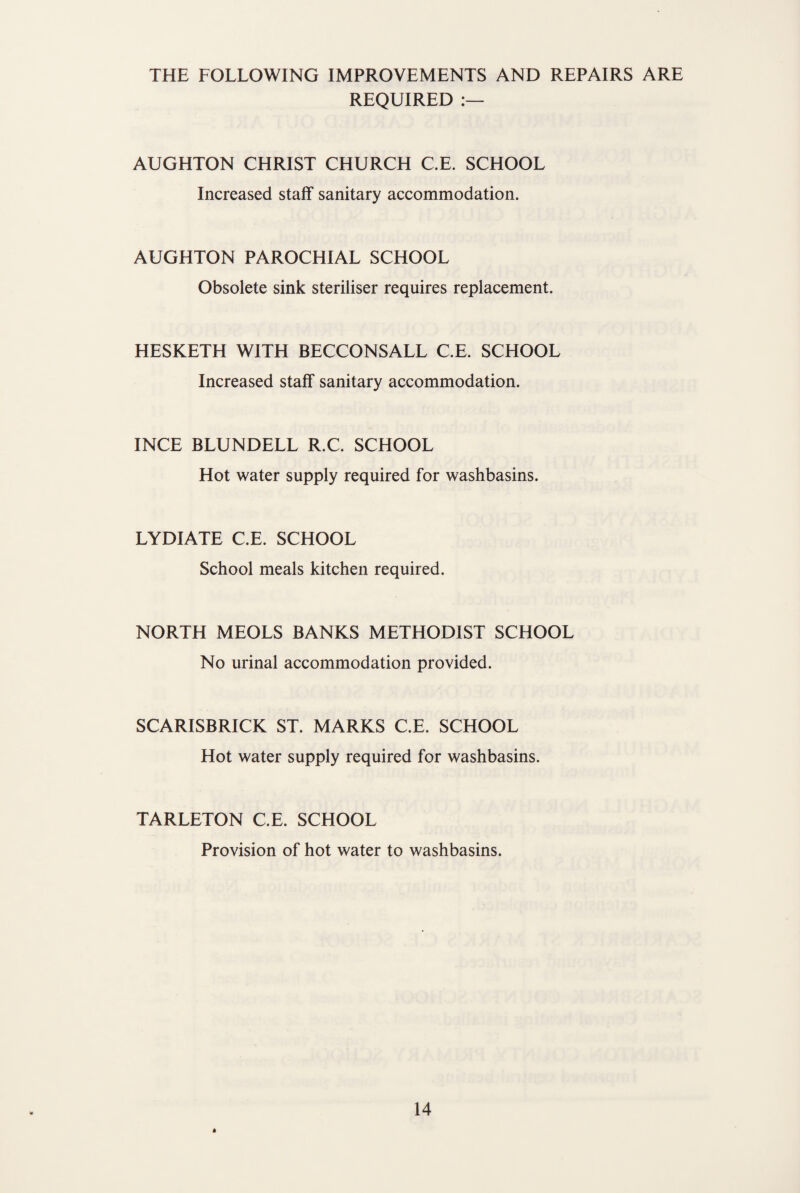 THE FOLLOWING IMPROVEMENTS AND REPAIRS ARE REQUIRED AUGHTON CHRIST CHURCH C.E. SCHOOL Increased staff sanitary accommodation. AUGHTON PAROCHIAL SCHOOL Obsolete sink steriliser requires replacement. HESKETH WITH BECCONSALL C.E. SCHOOL Increased staff sanitary accommodation. INCE BLUNDELL R.C. SCHOOL Hot water supply required for washbasins. LYDIATE C.E. SCHOOL School meals kitchen required. NORTH MEOLS BANKS METHODIST SCHOOL No urinal accommodation provided. SCARISBRICK ST. MARKS C.E. SCHOOL Hot water supply required for washbasins. TARLETON C.E. SCHOOL Provision of hot water to washbasins. M