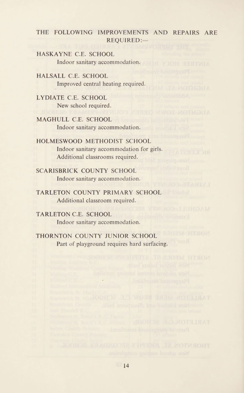 THE FOLLOWING IMPROVEMENTS AND REPAIRS ARE REQUIRED:— HASKAYNE C.E. SCHOOL Indoor sanitary accommodation. HALSALL C.E. SCHOOL Improved central heating required. LYDIATE C.E. SCHOOL New school required. MAGHULL C.E. SCHOOL Indoor sanitary accommodation. HOLMESWOOD METHODIST SCHOOL Indoor sanitary accommodation for girls. Additional classrooms required. SCARISBRICK COUNTY SCHOOL Indoor sanitary accommodation. TARLETON COUNTY PRIMARY SCHOOL Additional classroom required. TARLETON C.E. SCHOOL Indoor sanitary accommodation. THORNTON COUNTY JUNIOR SCHOOL Part of playground requires hard surfacing.