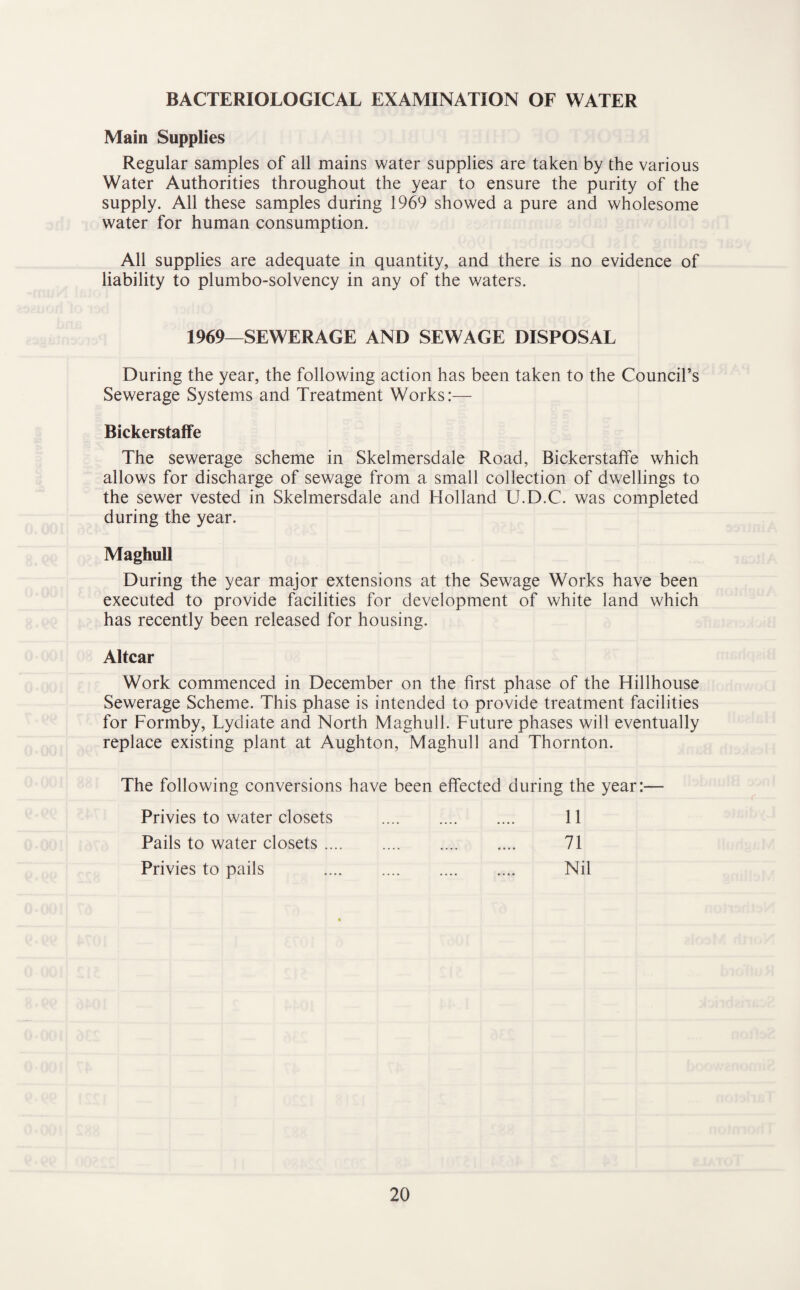 BACTERIOLOGICAL EXAMINATION OF WATER Main Supplies Regular samples of all mains water supplies are taken by the various Water Authorities throughout the year to ensure the purity of the supply. All these samples during 1969 showed a pure and wholesome water for human consumption. All supplies are adequate in quantity, and there is no evidence of liability to plumbo-solvency in any of the waters. 1969—SEWERAGE AND SEWAGE DISPOSAL During the year, the following action has been taken to the Council’s Sewerage Systems and Treatment Works:— Bickerstaffe The sewerage scheme in Skelmersdale Road, Bickerstaffe which allows for discharge of sewage from a small collection of dwellings to the sewer vested in Skelmersdale and Holland U.D.C. was completed during the year. Maghull During the year major extensions at the Sewage Works have been executed to provide facilities for development of white land which has recently been released for housing. Altcar Work commenced in December on the first phase of the Hillhouse Sewerage Scheme. This phase is intended to provide treatment facilities for Formby, Lydiate and North Maghull. Future phases will eventually replace existing plant at Aughton, Maghull and Thornton. The following conversions have been effected during the year:— Privies to water closets . 11 Pails to water closets. 71 Privies to pails . Nil