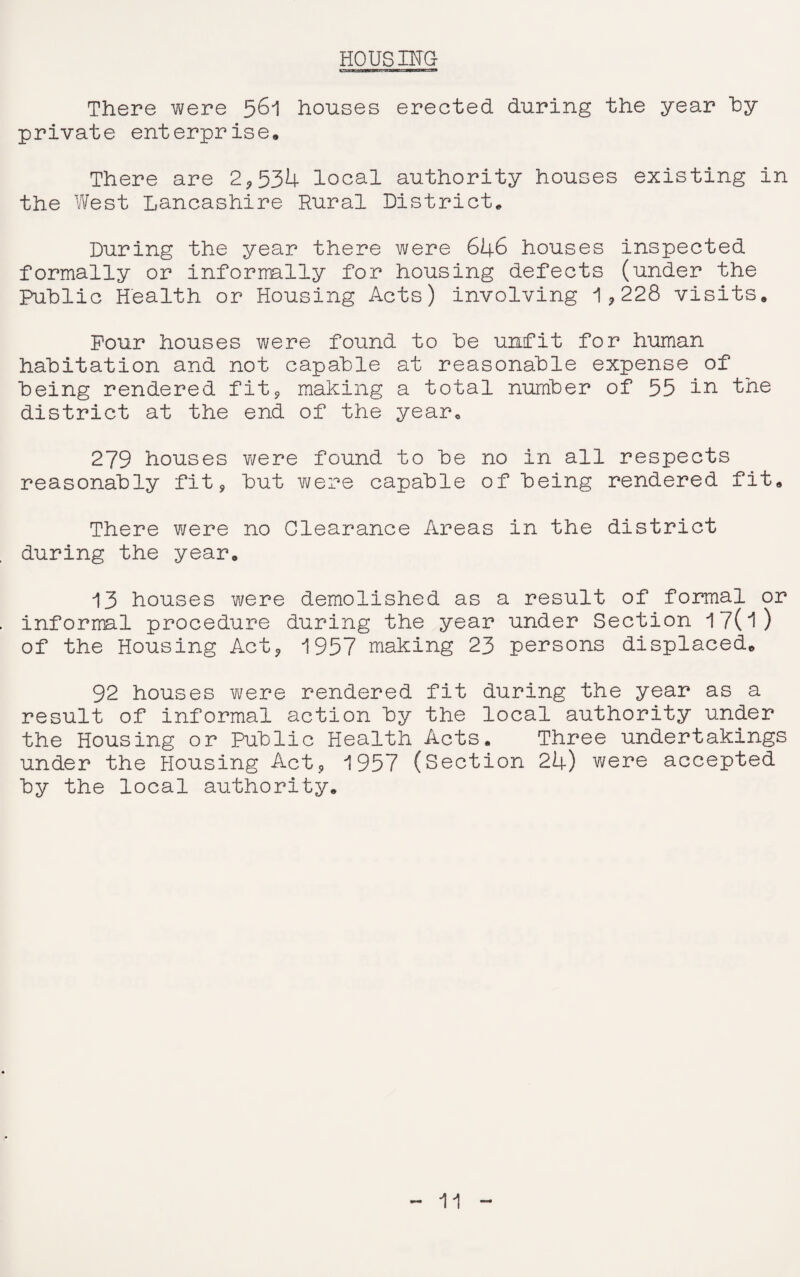 HOUSING There were 561 houses erected during the year hy private enterprise. There are 2*534 local authority houses existing in the West Lancashire Rural District* During the year there were 646 houses inspected formally or informally for housing defects (under the Public Health or Housing Acts) involving 1*228 visits. Pour houses were found to he unfit for human habitation and not capable at reasonable expense of being rendered fit* making a total number of 55 in the district at the end of the year* 279 houses were found to be no in all respects reasonably fit* but were capable of being rendered fit. There were no Clearance Areas in the district during the year. 13 houses were demolished as a result of formal or informal procedure during the year under Section i7(i) of the Housing Act* 1957 making 23 persons displaced. 92 houses were rendered fit during the year as a result of informal action by the local authority under the Housing or Public Health Acts. Three undertakings under the Housing Act* 1957 (Section 24) were accepted by the local authority.
