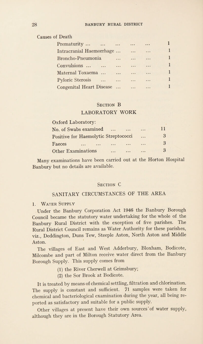 Causes of Death Prematurity ... ... ... ... ... 1 Intracranial Haemorrhage. ... 1 Broncho-Pneumonia ... ... ... 1 Convulsions ... ... ... ... • • • 1 Maternal Toxaema. 1 Pyloric Sterosis ... ... ... ... 1 Congenital Heart Disease ... ... ... 1 Section B LABORATORY WORK Oxford Laboratory: No. of Swabs examined ... ... ... 11 Positive for Haemolytic Streptococci ... 3 Faeces ... ... ••• ••• ^ Other Examinations ... ... ... 3 Many examinations have been carried out at the Horton Hospital Banbury but no details are available. Section C SANITARY CIRCUMSTANCES OF THE AREA 1. Water Supply Under the Banbury Corporation Act 1946 the Banbury Borough Council became the statutory water undertaking for the whole of the Banbury Rural District with the exception of five parishes. The Rural District Council remains as Water Authority for these parishes, viz., Deddington, Duns Tew, Steeple Aston, North Aston and Middle Aston. The villages of East and West Adderbury, Bloxham, Bodicote, Milcombe and part of Milton receive water direct from the Banbury Borough Supply. This supply comes from (1) the River Cherwell at Grimsbury; (2) the Sor Brook at Bodicote. It is treated by means of chemical settling, filtration and chlorination. The supply is constant and sufficient. 71 samples were taken for chemical and bacteriological examination during the year, all being re¬ ported as satisfactory and suitable for a public supply. Other villages at present have their own sources of water supply, although they are in the Borough Statutory Area.