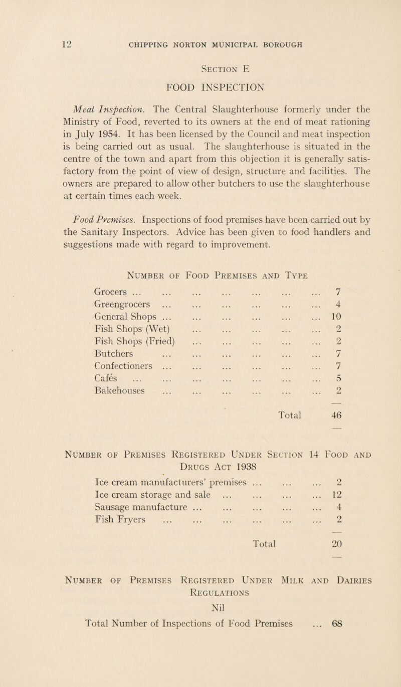 Section E FOOD INSPECTION Meat Inspection. The Central Slaughterhouse formerly under the Ministry of Food, reverted to its owners at the end of meat rationing in July 1954. It has been licensed by the Council and meat inspection is being carried out as usual. The slaughterhouse is situated in the centre of the town and apart from this objection it is generally satis¬ factory from the point of view of design, structure and facilities. The owners are prepared to allow other butchers to use the slaughterhouse at certain times each week. Food Premises. Inspections of food premises have been carried out by the Sanitary Inspectors. Advice has been given to food handlers and suggestions made with regard to improvement. Number of Food Premises and Type Grocers ... ... ... ... ... ... ... 7 Greengrocers ... ... ... ... ... ... 4 General Shops ... ... ... ... ... ... 10 Fish Shops (Wet) ... ... ... ... ... 2 Fish Shops (Fried) ... ... ... ... ... 2 Butchers ... ... ... ... ... ... 7 Confectioners ... ... ... ... ... ... 7 Cafes ... ... ... ... ... ... ... 5 Bakehouses ... ... ... ... ... ... 2 Total 46 Number of Premises Registered Under Section 14 Food and Drugs Act 1938 * Ice cream manufacturers’ premises ... ... ... 2 Ice cream storage and sale ... ... ... ... 12 Sausage manufacture ... ... ... ... ... 4 Fish Fryers ... ... ... ... ... ... 2 Total 20 Number of Premises Registered Under Milk and Dairies Regulations Nil Total Number of Inspections of Food Premises ... 68