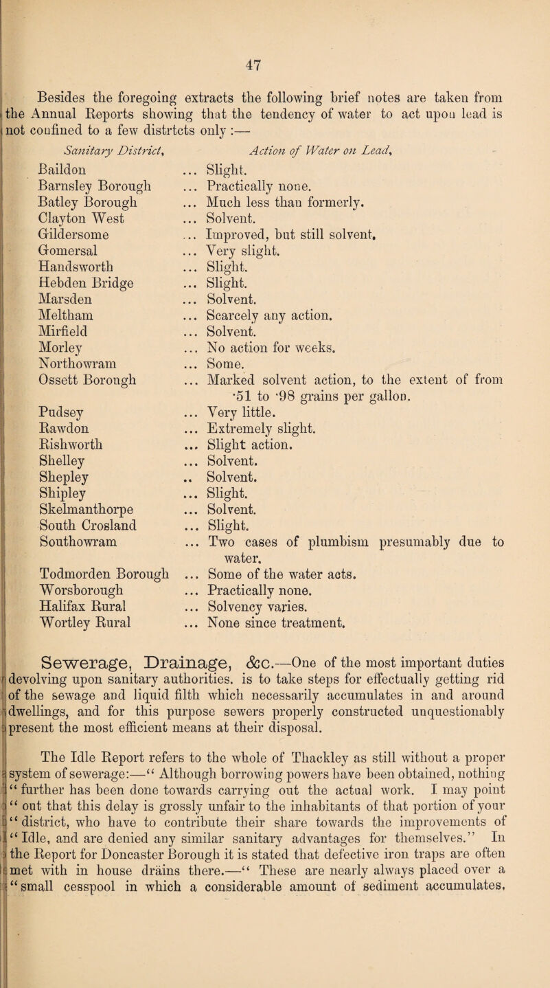 Besides the foregoing extracts the following brief notes are taken from ' the Annual Reports showing that the tendency of water to act upon lead is mot confined to a few districts only :— Sanitary District, Baildon Barnsley Borough Batley Borough Clayton West Gildersome Gomersal Handsworth Hebden Bridge Marsden Meltham Mirfield Morley Northowram Ossett Borough Pudsey Rawdon Rishworth Shelley Shepley Shipley Skelmanthorpe South Crosland Southowram Todmorden Borough Worsborough Halifax Rural Wortley Rural Action of Water on Lead> .. Slight. .. Practically none. .. Much less than formerly. .. Solvent. .. Improved, but still solvent. .. Very slight. .. Slight. .. Slight. .. Solvent. .. Scarcely any action. .. Solvent. .. No action for weeks. .. Some. .. Marked solvent action, to the extent of from •51 to ‘98 grains per gallon. .. Very little. .. Extremely slight. ., Slight action. .. Solvent. . Solvent. .. Slight. .. Solvent. .. Slight. .. Two cases of plumbism presumably due to water. .. Some of the water acts. .. Practically none. .. Solvency varies. .. None since treatment. Sewerage, Drainage, &C.—One of the most important duties r devolving upon sanitary authorities, is to take steps for effectually getting rid of the sewage and liquid filth which necessarily accumulates in and around dwellings, and for this purpose sewers properly constructed unquestionably E present the most efficient means at their disposal. The Idle Report refers to the whole of Thackley as still without a proper \ system of sewerage:—“ Although borrowing powers have been obtained, nothing f: “ further has been done towards carrying out the actual work. I may point : “ out that this delay is grossly unfair to the inhabitants of that portion of your “ district, who have to contribute their share towards the improvements of tj “ Idle, and are denied any similar sanitary advantages for themselves.” In j) the Report for Doncaster Borough it is stated that defective iron traps are often If met with in house drains there.—“ These are nearly always placed over a “small cesspool in which a considerable amount of sediment accumulates,