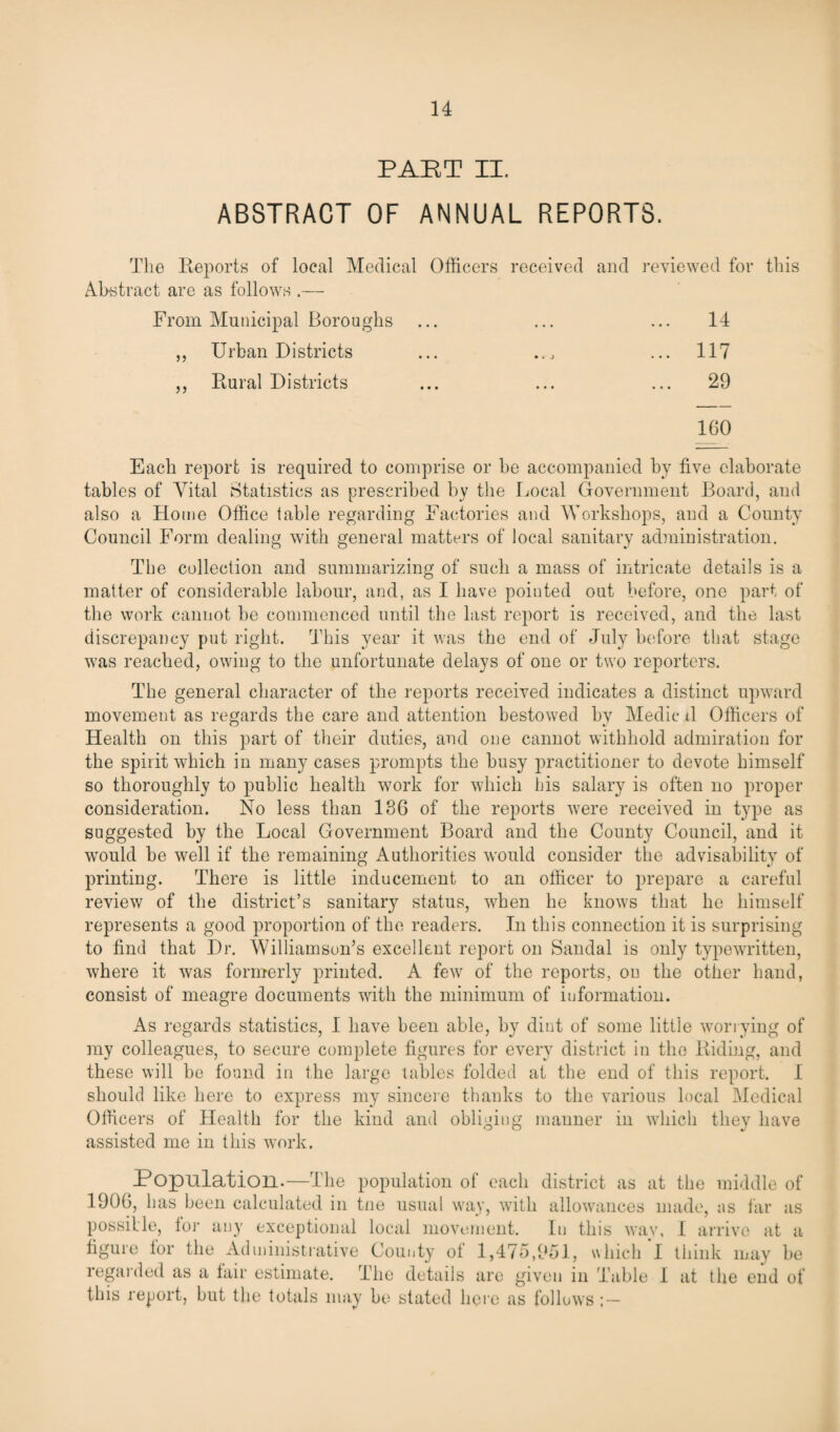 PART II. ABSTRACT OF ANNUAL REPORTS. The Reports of local Medical Officers received and reviewed for this Abstract are as follows .— From Municipal Boroughs ... ... ... 14 „ Urban Districts ... ... ... 117 ,, Rural Districts ... ... ... 29 160 Each report is required to comprise or be accompanied by five elaborate tables of Vital Statistics as prescribed by the Local Government Board, and also a Home Office table regarding Factories and Workshops, and a County Council Form dealing with general matters of local sanitary administration. The collection and summarizing of such a mass of intricate details is a matter of considerable labour, and, as I have pointed out before, one part of the work cannot be commenced until the last report is received, and the last discrepancy put right. This year it was the end of July before that stage was reached, owing to the unfortunate delays of one or two reporters. The general character of the reports received indicates a distinct upward movement as regards the care and attention bestowed by Medic il Officers of Health on this part of their duties, and one cannot withhold admiration for the spirit which in many cases prompts the busy practitioner to devote himself so thoroughly to public health work for which his salary is often no proper consideration. No less than 186 of the reports were received in type as suggested by the Local Government Board and the County Council, and it would be well if the remaining Authorities would consider the advisability of printing. There is little inducement to an officer to prepare a careful review of the district’s sanitary status, when he knows that he himself represents a good proportion of the readers. In this connection it is surprising to find that Dr. Williamson’s excellent report on Sandal is only typewritten, where it was formerly printed. A few of the reports, on the other hand, consist of meagre documents with the minimum of information. As regards statistics, I have been able, by diet of some little worrying of my colleagues, to secure complete figures for every district in the Riding, and these will be found in the large tables folded at the end of this report. I should like here to express my sincere thanks to the various local Medical Officers of Health for the kind and obliging manner in which they have assisted me in this work. Population.—The population of each district as at the middle of 1906, has been calculated in tne usual way, with allowances made, as far as possible, for any exceptional local movement. In this way, I arrive at a figure for the Administrative County of 1,475,951, which I think may be regarded as a fair estimate. The details are given in Table 1 at the end of this report, but the totals may be stated here as follows; —