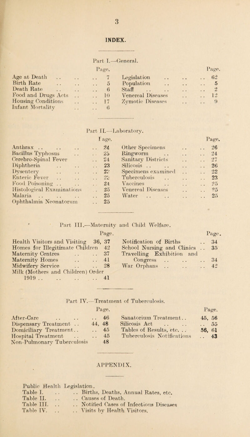 INDEX. Part I.— General. Page. Page. Age at Death . . 7 Legislation . . 62 Birth Rate 5 Population 5 Death Rate 6 Staff 2 Food and Drugs Acts . . . . 10 Venereal Diseases .. 12 Housing Conditions . . 17 Zymotic Diseases 9 Infant Mortality 6 I 'art II.—Laboratory. Page. Page. Anthrax . . .. U Other Specimens . . 26 Bacillus Typhosus 20 Ringworm . . 24 Cerebro-Spinal Fever . . 24 Sanitary Districts . . 27 Diphtheria . . 23 Silicosis . . . . 26 Dysentery . . 22 Specimens examined oo * . Enteric Fever 9 V Tuberculosis . . 23 Food Poisoning . . . . 24 Vaccines . . 25 Histological Examinations . 25 Venereal Diseases . . 25 Malaria . . 25 Water . . 25 Ophthalmia Neonatorum . . 25 Part III.— -Maternity and Child Welfare. Page. Page. Health Visitors and Visiting 36, 37 Notification of Births .. 34 Homes for Illegitimate Children 42 School Nursing and Clinics . . 35 Maternity Centres . . 37 Travelling Exhibition and Maternity Homes . . 41 Congress . . 34 Midwifery Service . . 28 War Orphans . . 42 Milk (Mothers and Children) Order 1919. . . 41 Part IV. —Treatment of Tuberculosis. Page. Page. After-Care .. 46 Sanatorium Treatment. . 45, 56 Dispensary Treatment . . 44, 48 Silicosis Act . . 55 Domiciliary Treatment. . .. 45 Tables of Results, etc. .. 56, 61 Hospital Treatment . . 45 Tuberculosis Notifications . . 43 Non-Pulmonary Tuberculosis 48 APPENDIX. Public Health Legislation. Table I. . . . . Births, Deaths, Annual Rates, etc. Table II. . . . . Causes of Death. Table III. . . . . Notified Cases of Infectious Diseases Table TV. . . . . Visits by Health Visitors.