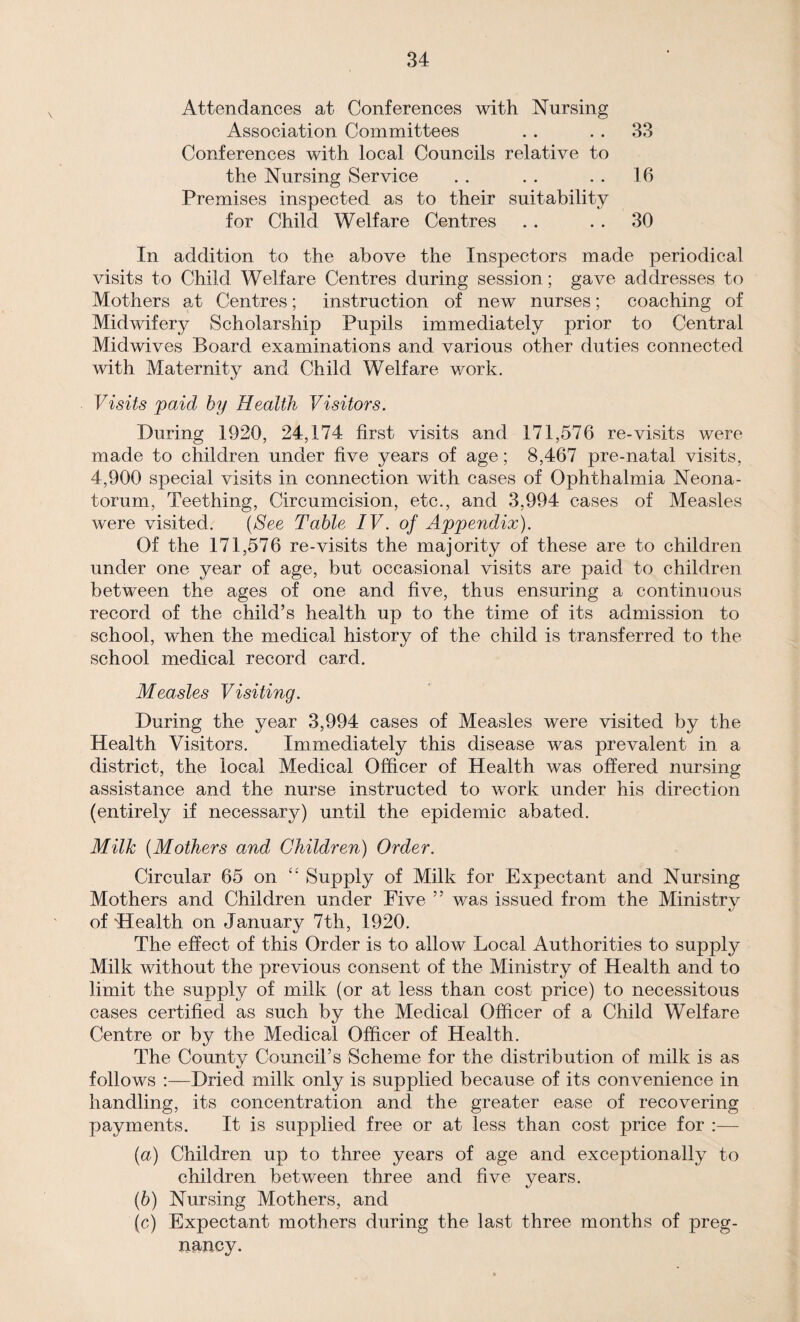 Attendances at Conferences with Nursing Association Committees . . . . 33 Conferences with local Councils relative to the Nursing Service . . . . . . 16 Premises inspected as to their suitability for Child Welfare Centres . . . . 30 In addition to the above the Inspectors made periodical visits to Child Welfare Centres during session; gave addresses to Mothers at Centres; instruction of new nurses; coaching of Midwifery Scholarship Pupils immediately prior to Central Midwives Board examinations and various other duties connected with Maternity and Child Welfare work. Visits paid by Health Visitors. During 1920, 24,174 first visits and 171,576 re-visits were made to children under five years of age; 8,467 pre-natal visits, 4,900 special visits in connection with cases of Ophthalmia Neona¬ torum, Teething, Circumcision, etc., and 3,994 cases of Measles were visited. (See Table IV. of Appendix). Of the 171,576 re-visits the majority of these are to children under one year of age, but occasional visits are paid to children between the ages of one and five, thus ensuring a continuous record of the child’s health up to the time of its admission to school, when the medical history of the child is transferred to the school medical record card. Measles Visiting. During the year 3,994 cases of Measles were visited by the Health Visitors. Immediately this disease was prevalent in a district, the local Medical Officer of Health was offered nursing assistance and the nurse instructed to work under his direction (entirely if necessary) until the epidemic abated. Milk (Mothers and Children) Order. Circular 65 on t: Supply of Milk for Expectant and Nursing Mothers and Children under Five ” was issued from the Ministry of Health on January 7th, 1920. The effect of this Order is to allow Local Authorities to supply Milk without the previous consent of the Ministry of Health and to limit the supply of milk (or at less than cost price) to necessitous cases certified as such by the Medical Officer of a Child Welfare Centre or by the Medical Officer of Health. The County Council’s Scheme for the distribution of milk is as follows :—Dried milk only is supplied because of its convenience in handling, its concentration and the greater ease of recovering payments. It is supplied free or at less than cost price for :— (a) Children up to three years of age and exceptionally to children between three and five years. (b) Nursing Mothers, and (c) Expectant mothers during the last three months of preg¬ nancy.