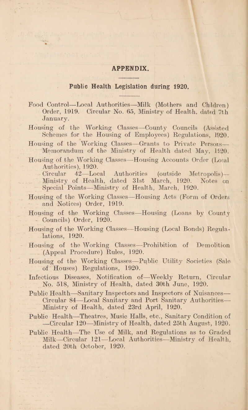 APPENDIX. Public Health Legislation during 1920, Food Control—Local Authorities—Milk (Mothers and Children) Order, 1919. Circular No. 65, Ministry of Health, dated 7th January. Housing of the Working Classes—County Councils (Assisted Schemes for the Housing of Employees) Regulations, 1920. Housing of the Working Classes—Grants to Private Persons— Memorandum of the Ministry of Health dated May, 1620. Housing of the Working Classes—Housing Accounts Order (Local Aut horities), 1920. Circular 42—Local Authorities (outside Metropolis)— Ministry of Health, dated 31st March, 1920. Notes on Special Points—Ministry of Health, March, 1920. Housing of the Working Classes—Housing Acts (Form of Orders and Notices) Order, 1919. Housing of the Working Classes—Housing (Loans by County - Councils) Order, 1920. Housing of the Working Classes—Housing (Local Bonds) Regula¬ tions, 1920. Housing of the Working Classes—Prohibition of Demolition (Appeal Procedure) Rules, 1920. Housing of the Working Classes—Public Utility Societies (Sale of Houses) Regulations, 1920. Infectious Diseases, Notification of—Weekly Return, Circular No. 518, Ministry of Health, dated 30th June, 1920. Public Health—Sanitary Inspectors and Inspectors of Nuisances— Circular 84—Local Sanitary and Port Sanitary Authorities— Ministry of Health, dated 23rd April, 1920. Public Health—Theatres, Music Halls, etc., Sanitary Condition of —Circular 120—Ministry of Health, dated 25th August, 1920. Public Health—The Use of Milk, and Regulations as to Graded Milk—Circular 121—Local Authorities—Ministry of Health, dated 20th October, 1920.