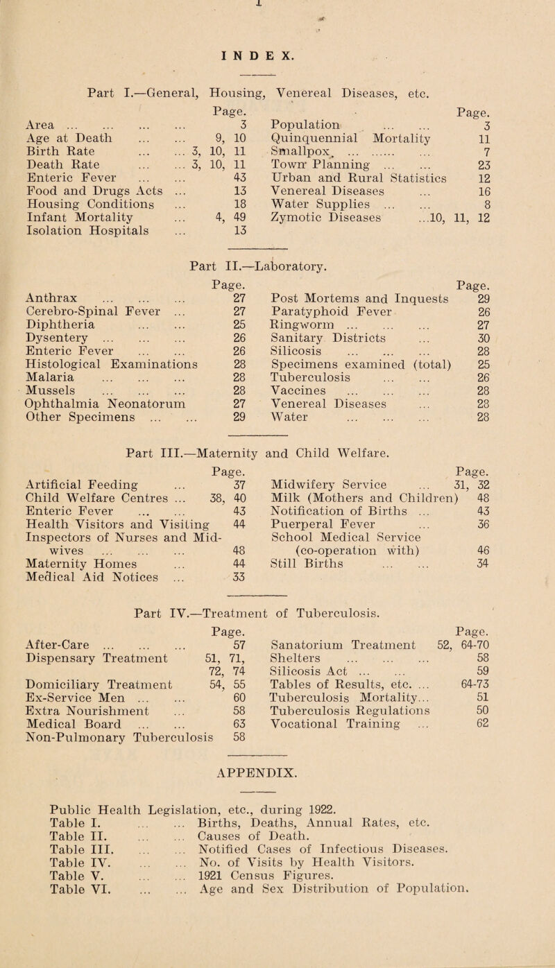 X .« INDEX. Part I.—General, Housing, Venereal Diseases, etc. Page. Page. Area. 3 Population . 3 Age at Death . 9, 10 Quinquennial Mortality 11 Birth Rate . 3, 10, 11 Smallpox . 7 Death Rate . 3, 10, 11 Town Planning . 23 Enteric Fever . 43 Urban and Rural Statistics 12 Food and Drugs Acts ... 13 Venereal Diseases 16 Housing Conditions 18 Water Supplies . 8 Infant Mortality 4, 49 Zymotic Diseases ...10, 11, 12 Isolation Hospitals 13 Part [I.- ) -Laboratory. Page. Page. Anthrax . 27 Post Mortems and Inquests 29 Cerebro-Spinal Fever ... 27 Paratyphoid Fever 26 Diphtheria . 25 Ringworm . 27 Dysentery . 26 Sanitary Districts 30 Enteric Fever . 26 Silicosis . 28 Histological Examinations 28 Specimens examined (total) 25 Malaria . 28 Tuberculosis . 26 Mussels . 28 Vaccines . 28 Ophthalmia Neonatorum 27 Venereal Diseases 28 Other Specimens ... • • 29 Water . 28 Part III.—Maternity and Child Welfare. Page. Page. Artificial Feeding 37 Midwifery Service 31, 32 Child Welfare Centres ... 38, 40 Milk (Mothers and Children) 48 Enteric Fever . 43 Notification of Births ... 43 Health Visitors and Visiting 44 Puerperal Fever 36 Inspectors of Nurses and Mid- School Medical Service wives . 48 (co-operation with) 46 Maternity Homes 44 Still Births . 34 Medical Aid Notices 33 Part IV.- —Treatment of Tuberculosis. Page. Page. After-Care . 57 Sanatorium Treatment 52, 64-70 Dispensary Treatment 51, 71, Shelters . 58 72, 74 Silicosis Act . 59 Domiciliary Treatment 54, 55 Tables of Results, etc. ... 64-73 Ex-Service Men . 60 Tuberculosis Mortality... 51 Extra Nourishment 58 Tuberculosis Regulations 50 Medical Board . 63 Vocational Training 62 Non-Pulmonary Tuberculosis 58 APPENDIX. Public Health Legislation, etc., during 1922. Table I. . Births, Deaths, Annual Rates, etc. Table II. Table III. Table IV. Table V. Table VI. Causes of Death. Notified Cases of Infectious Diseases. No. of Visits by Health Visitors. 1921 Census Figures. Age and Sex Distribution of Population.