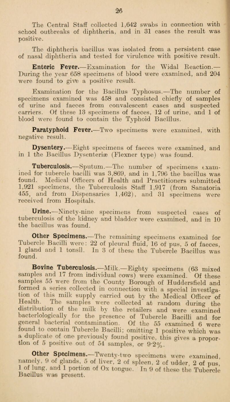 The Central Staff collected 1,642 swabs in connection with school outbreaks of diphtheria, and in 31 cases the result was positive. The diphtheria bacillus was isolated from a persistent case of nasal diphtheria and tested for virulence with positive result. Enteric Fever.—Examination for the Widal Reaction.— During the year 658 specimens of blood were examined, and 204 were found to give a positive result. Examination for the Bacillus Typhosus.—The number of specimens examined was 458 and consisted chiefly of samples of urine and faeces from convalescent cases and suspected carriers. Of these 13 specimens of faeces, 12 of urine, and 1 of blood were found to contain the Typhoid Bacillus. Paratyphoid Fever.—Two specimens were examined, with negative result. Dysentery.—Eight specimens of faeces were examined, and in 1 tile Bacillus Dysenterise (Flexner type) was found. Tuberculosis.—Sputum.—The number of specimens exam¬ ined for tubercle bacilli was 3,869, and in 1,796 the bacillus was found. Medical Officers of Health and Practitioners submitted 1,921 specimens, the Tuberculosis Staff 1,917 (from Sanatoria 455, and from Dispensaries 1,462), and 31 specimens were received from Hospitals. Urine.—Ninety-nine specimens from suspected cases of tuberculosis of the kidney and bladder were examined, and in 10 the bacillus was found. Other Specimens.—The remaining specimens examined for Tubercle Bacilli were: 22 of pleural fluid, 16 of pus, 5 of faeces, 1 gland and 1 tonsil. In 3 of these the Tubercle Bacillus was found. Bovine Tuberculosis.—Milk.—Eighty specimens (63 mixed samples and 17 from individual cows) were examined. Of these samples 55 were from the County Borough of Huddersfield and formed a series collected in connection with a special investiga¬ tion of this milk supply carried out by the Medical Officer of Health. The samples were collected at random during the distribution of the milk by the retailers and were examined bacteriologically for the presence of Tubercle Bacilli and for general bacterial contamination. Of the 55 examined 6 were found to contain Tubercle Bacilli; omitting 1 positive which was ii duplicate of one pieOously found positive, this gives a propor¬ tion of 5 positive out of 54 samples, or 9'2%. Other Specimens. Twenty-two specimens were examined namely, 9 of glands, 5 of liver, 2 of spleen, 2 of udder 2 of pus 1 of lung, and 1 portion of Ox tongue. In 9 of these the Tubercle Bacillus was present.