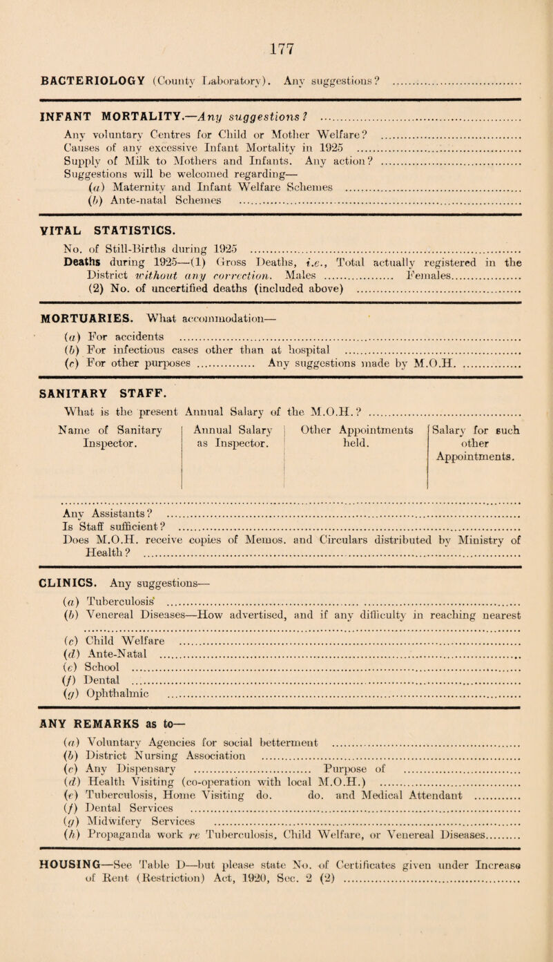 BACTERIOLOGY (C ounfcv Laboratory). Any suggestions? INFANT MORTALITY.—Any suggestions ? Any voluntary Centres for Child or Mother Welfare? Causes of any excessive Infant Mortality in 1925 _ Supply of Milk to Mothers and Infants. Any action? Suggestions will be welcomed regarding— (a) Maternity and Infant Welfare Schemes . (b) Ante-natal Schemes . VITAL STATISTICS. No. of Still-Births during 1925 . Deaths during 1925—(1) Gross Deaths, t.e.. Total actually registered in the District without any correction. Males . Females. (2) No. of uncertified deaths (included above) . MORTUARIES. What accommodation— (a) For accidents . (b) For infectious cases other than at hospital . (c) For other purposes . Any suggestions made by M.O.H. SANITARY STAFF. What is the present Annual Salary of the M.O.H. ? Name of Sanitary Inspector. Annual Salary i Other Appointments as Inspector. held. I Salary for such other Appointments. Any Assistants ? . Is Staff sufficient? . Does M.O.H. receive copies of Memos, and Circulars distributed by Ministry of Health? .. CLINICS. Any suggestions— (a) Tuberculosis* . (b) Venereal Diseases—How advertised, and if any difficulty in reaching nearest (c) Child Welfare ... (cl) Ante-Natal . (e) School . (/) Dental . (g) Ophthalmic . ANY REMARKS as to— (a.) Voluntary Agencies for social betterment ... (b) District Nursing Association . (c) Any Dispensary . Purpose of . (d) Health Visiting (co-operation with local M.O.H.) . (e) Tuberculosis, Home Visiting do. do. and Medical Attendant ... (/) Dental Services . (g) Midwifery Services . (h) Propaganda work re Tuberculosis, Child Welfare, or Venereal Diseases HOUSING—See Table D—but please state No. of Certificates given under Increase of Rent (Restriction) Act, 1920, Sec. 2 (2) .