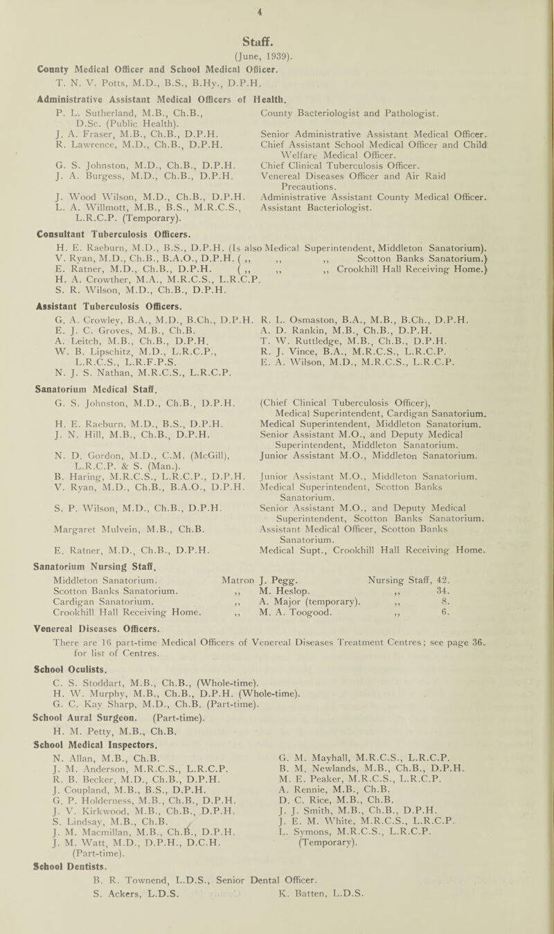 Staff. (June, 1939). County Medical Officer and School Medical Officer. T. N. V. Potts, M.D., B.S., B.Hy., D.P.H. Administrative Assistant Medical Officers of Health. P. L. Sutherland, M.B., Ch.B., D.Sc. (Public Health). J. A. Fraser, M.B., Ch.B., D.P.H. R. Lawrence, M.D., Ch.B., D.P.H. G. S. Johnston, M.D., Ch.B., D.P.H. J. A. Burgess, M.D., Ch.B., D.P.H. J. Wood Wilson, M.D., Ch.B., D.P.H. L. A. Willmott, M.B., B.S., M.R.C.S., L.R.C.P. (Temporary). County Bacteriologist and Pathologist. Senior Administrative Assistant Medical Officer. Chief Assistant School Medical Officer and Child Welfare Medical Officer. Chief Clinical Tuberculosis Officer. Venereal Diseases Officer and Air Raid Precautions. Administrative Assistant County Medical Officer. Assistant Bacteriologist. Consultant Tuberculosis Officers. H. E. Raeburn, M.D., B.S., D.P.H. (Is also Medical Superintendent, Middleton Sanatorium). V. Ryan, M.D., Ch.B., B.A.O., D.P.H. ( ,, ,, ,, Scotton Banks Sanatorium.) E. Ratner, M.D., Ch.B., D.P.H. ( ,, ,, ,, Crookhill Hall Receiving Home.) H. A. Crowther, M.A., M.R.C.S., L.R.C.P. S. R. Wilson, M.D., Ch.B., D.P.H. Assistant Tuberculosis Officers. G. A. Crowley, B.A., M.D., B.Ch., D.P.H. E. J. C. Groves, M.B., Ch.B. A. Leitch, M.B., Ch.B., D.P.H. W. B. Lipschitz, M.D., L.R.C.P., L.R.C.S., L.R.F.P.S. N. J. S. Nathan, M.R.C.S., L.R.C.P. Sanatorium Medical Staff. G. S. Johnston, M.D., Ch.B., D.P.H. H. E. Raeburn, M.D., B.S., D.P.H. J. N. Hill, M.B., Ch.B., D.P.H. N. D. Gordon, M.D., C.M. (McGill), L.R.C.P. & S. (Man.). B. Haring, M.R.C.S., L.R.C.P., D.P.H. V. Ryan, M.D., Ch.B., B.A.O., D.P.H. S. P. Wilson, M.D., Ch.B., D.P.H. Margaret Mulvein, M.B., Ch.B. E. Ratner, M.D., Ch.B., D.P.H. R. L. Osmaston, B.A., M.B., B.Ch., D.P.H. A. D. Rankin, M.B., Ch.B., D.P.H. T. W. Ruttledge, M.B., Ch.B., D.P.H. R. J. Vince, B.A., M.R.C.S., L.R.C.P. E. A. Wilson, M.D., M.R.C.S., L.R.C.P. (Chief Clinical Tuberculosis Officer), Medical Superintendent, Cardigan Sanatorium, Medical Superintendent, Middleton Sanatorium. Senior Assistant M.O., and Deputy Medical Superintendent, Middleton Sanatorium. Junior Assistant M.O., Middleton Sanatorium. Junior Assistant M.O., Middleton Sanatorium. Medical Superintendent, Scotton Banks Sanatorium. Senior Assistant M.O., and Deputy Medical Superintendent, Scotton Banks Sanatorium. Assistant Medical Officer, Scotton Banks Sanatorium. Medical Supt., Crookhill Hall Receiving Home. Sanatorium Nursing Staff. Middleton Sanatorium. Matron J. Pegg. Nursing Staff, 42. Scotton Banks Sanatorium. ,, M. Heslop. J J 34. Cardigan Sanatorium. ,, A. Major (temporary). y y 8. Crookhill Hall Receiving Home. ,, M. A. Toogood. y y 6. Venereal Diseases Officers. There are 16 part-time Medical Officers of Venereal Diseases Treatment Centres; see page 36, for list of Centres. School Oculists. C. S. Stoddart, M.B., Ch.B., (Whole-time). H. W. Murphy, M.B., Ch.B., D.P.H. (Whole-time). G. C. Kay Sharp, M.D., Ch.B. (Part-time). School Aural Surgeon. (Part-time). H. M. Petty, M.B., Ch.B. School Medical Inspectors. N. Allan, M.B., Ch.B. J. M. Anderson, M.R.C.S., L.R.C.P. R. B. Becker, M.D., Ch.B., D.P.H. J. Coupland, M.B., B.S., D.P.H. G. P. Holderness, M.B., Ch.B., D.P.H. J. V. Kirkwood, M.B., Ch.B., D.P.H. S. Lindsay, M.B., Ch.B. J. M. Macmillan, M.B., Ch.B., D.P.H. j. M. Watt, M.D., D.P.H., D.C.H. (Part-time). School Dentists. B. R. Townend, L.D.S., Senior Dental Officer. S. Ackers, L.D.S. K. Batten, L.D.S. G. M. Mayhall, M.R.C.S., L.R.C.P. B. M. Newlands, M.B., Ch.B., D.P.H. M. E. Peaker, M.R.C.S., L.R.C.P. A. Rennie, M.B., Ch.B. D. C. Rice, M.B., Ch.B. J. J. Smith, M.B., Ch.B., D.P.H. j. E. M. White, M.R.C.S., L.R.C.P. L. Symons, M.R.C.S., L.R.C.P. (Temporary).