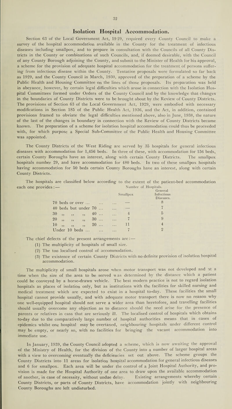 Isolation Hospital Accommodation. Section 63 of the Local Government Act, 19 29, required every .County Council to make a survey of the hospital accommodation available in the County for the treatment of infectious diseases including smallpox, and to prepare in consultation with the Councils of all County Dis¬ tricts in the County or combinations of such Councils, and, if deemed desirable, with the Council of any County Borough adjoining the County, and submit to the Minister of Health for his approval, a scheme for the provision of adequate hospital accommodation for the treatment of persons suffer¬ ing from infectious disease within the County. Tentative proposals were formulated so far back as 1929, and the County Council in March, 1930, approved of the preparation of a scheme by the Public Health and Housing Committee on the lines of those proposals. Its preparation was held in abeyance, however, by certain legal difficulties which arose in connection with the Isolation Hos¬ pital Committees formed under Orders of the County Council and by the knowledge that changes in the boundaries of County Districts were to be brought about by the Review of County Districts. The provisions of Section 63 of the Local Government Act, 1929, were embodied with necessary modifications in Section 185 of the Public Health Act, 1936, and the Act, in addition, contained provisions framed to obviate the legal difficulties mentioned above, also in June, 1938, the nature of the last of the changes in boundary in connection with the Review of County Districts became known. The preparation of a scheme for isolation hospital accommodation could thus be proceeded with, for which purpose a Special Sub-Committee of the Public Health and Housing Committee was appointed. The County Districts of the West Riding are served by 35 hospitals for general infectious diseases with accommodation for 1,456 beds. In three of these, with accommodation for 156 beds, certain County Boroughs have an interest, along with certain County Districts. The smallpox hospitals number 29, and have accommodation for 480 beds. In two of these smallpox hospitals having accommodation for 50 beds certain County Boroughs have an interest, along with certain County Districts. The hospitals are classified below according each one provides:— 70 beds or over ... 40 beds but under 70 30 > > > 5 > > 40 20 > > ) > 5 f 30 10 > > > > 20 Under 10 beds ... to the extent of the patient-bed accommodation Number of Hospitals. General Smallpox Infectious Diseases. — 8 — 7 4 5 7 9 11 4 7 2 The chief defects of the present arrangements are: — (1) The multiplicity of hospitals of small size. (2) The too localised control of accommodation. (3) The existence of certain County Districts with no definite provision of isolation hospital accommodation. The multiplicity of small hospitals arose when motor transport was not developed and at a time when the size of the area to be served w. as determined by the distance which a patient could be conveyed by a horse-drawn vehicle. The best modern practice is not to regard isolation hospitals as places of isolation only, but as institutions with the facilities for skilled nursing and medical treatment which are expected to exist in a hospital to-day. These facilities the small hospital cannot provide usually, and with adequate motor transport there is now no reason why one well-equipped hospital should not serve a wider area than heretofore, and travelling facilities should usually overcome any objection as to distance should the need arise for the presence of parents or relatives in cass that are seriously ill. The localised control of hospitals which obtains to-day due to the comparatively large number of hospital authorities means that in cases of epidemics whilst one hospital may be overtaxed, neighbouring hospitals under different control may be empty, or nearly so, with no facilities for bringing the vacant accommodation into immediate use. In January, 1939, the County Council adopted a scheme, which is now awaiting the approval of the Ministry of Health, for the division of the County into a number of larger hospital areas with a view to overcoming eventually the deficiencies set out above. The scheme groups the County Districts into 11 areas for isolation hospital accommodation for general infectious diseases and 6 for smallpox. Each area will be under the control of a Joint Hospital Authority, and pro¬ vision is made for the Hospital Authority of one area to draw upon the available accommodation of another, in case of necessity, without undue delay. Existing arrangements whereby certain County Districts, or parts of County Districts, have accommodation jointly with neighbouring County Boroughs are left undisturbed.