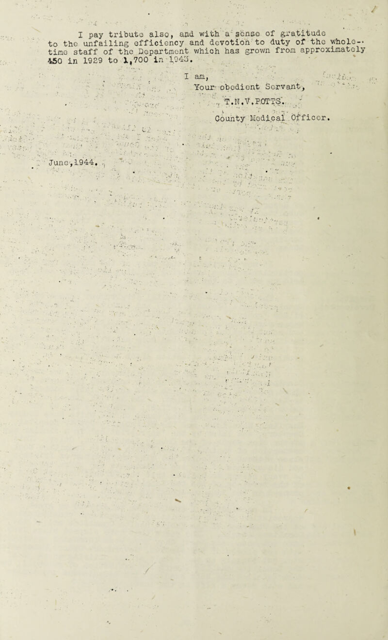 / :V I pay tribute also, and with a*sbnae of gratitude to the unfailing efficiency and devotion to duty of the whole-* time staff of the Department which has grown from approximately 450 in 1929 to 1,700 in 19415. I am, Your- obedient Servant, T.N.V, POTTS',. ' - ... ... .•. County Medical.Officer, * • -' j i*:. *., Tune', 1944.. • ' t . * ./