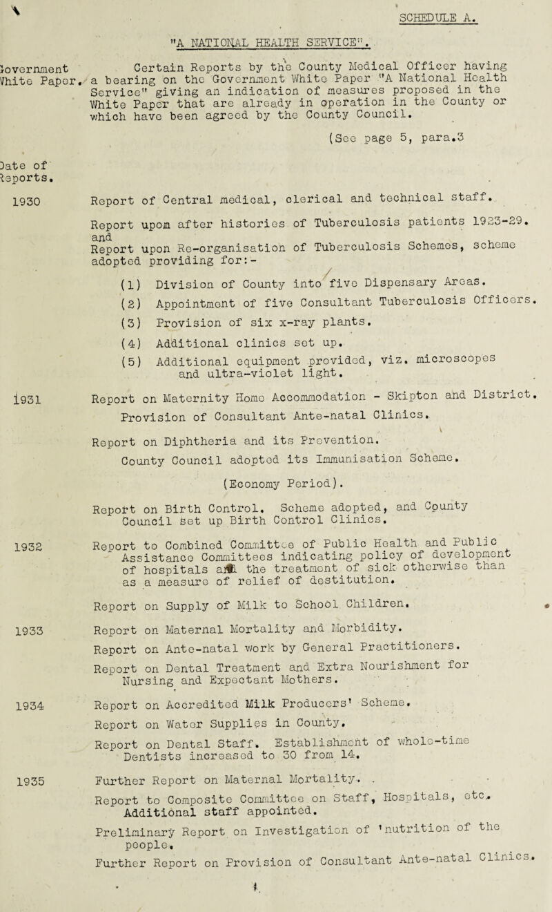 Government '/hite Paper, Date of Reports, 1930 1931 1932 1933 1934 1935 SCHEDULE A. A NATIONAL HEALTH SERVICE11. Certain Reports by the County Medical Officer having a bearing on the (Government White Paper A National Health Service giving an indication of measures proposed in the White Paper that are already in operation in the County or which have been agreed by the County Council. (See page 5, para,3 Report of Central medical, clerical and technical staff. Report upon after histories of Tuberculosis patients 1923-29. and „ , , Report upon Re-organisation of Tuberculosis Schemes, scheme adopted providing for:- (1) Division of County into five Dispensary Areas. (2) Appointment of five Consultant Tuberculosis Officers. (3) Provision of six x-ray plants. (4) Additional clinics set up. (5) Additional equipment provided, viz. microscopes and ultra-violet light. Report on Maternity Home Accommodation - Skipton and District. Provision of Consultant Ante-natal Clinics. Report on Diphtheria and its Prevention. County Council adopted its Immunisation Scheme. (Economy Period). Repoft on Birth Control. Scheme adopted, and County Council Set up Birth Control Clinics. Report to Combined Committee of Public Health and Public Assistance Committees indicating policy of development of hospitals aj®L the treatment.of sick otherwise than as a measure of relief of destitution. Report on Supply of Milk to School Children, • Report on Maternal Mortality and Morbidity. Report on Ante-natal work by General Practitioners. Report on Dental Treatment and Extra Nourishment for Nursing and Expectant Mothers. * Report on Accredited Milk Producers’ Scheme. Report on Water Supplies in County. Report on Dental Staff. Establishment of whole-time Dentists increased to 30 from 14. Further Report on Maternal Mortality.. . Report to Composite Committee on Staff, Hospitals, etc. Additional staff appointed. Preliminary Report on Investigation of ’nutrition of the people. Further Report on Provision of Consultant Ante-natal Clinic^.