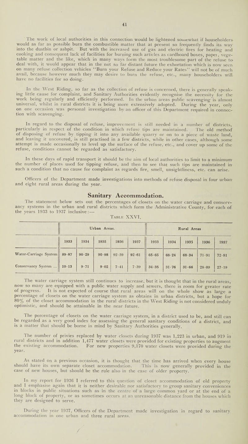 The work of local authorities in this connection would be lightened somewhat if householders- would as far as possible burn the combustible matter that at present so frequently finds its way into the dustbin or ashpit. But with the increased use of gas and electric fires for heating- and cooking and consequent lack of facilities for burning such articles as cardboard boxes, papei, vege¬ table matter and the like, which in many ways form the most troublesome part of the refuse to- deal with, it would appear that in the not so far distant future the exhortation which is now seen on many refuse collection vehicles “Burn your Refuse and Reduce your Rates’’ will not be of much avail, because however much they may desire to burn the refuse, etc., many householders will have no facilities for so doing. In the West Riding, so far as the collection of refuse is concerned, there is generally speak¬ ing little cause lor complaint, and Sanitary Authorities evidently recognise the necessity for the work being regularly and efficiently performed. In the urban areas public scavenging'is almost universal, whilst in rural districts it is being more extensively adopted. During the year, only on one occasion was personal investigation bv an officer of this Department required in connec- tion with scavenging. In regard to the disposal of refuse, improvement is still needed in a number of districts, particularly in respect of the condition in which refuse tips are maintained. The old method’ of disposing of refuse by tipping it into any available quarry or on to a piece of waste land, and leaving it uncovered, is still practised in a few districts, while in other cases, although some attempt is made occasionally to level up the surface of the refuse, etc., and cover up some of the refuse, conditions cannot be regarded as satisfactory. In these days of rapid transport it should be the aim of local authorities to limit to a minimum the number of places used for tipping refuse, and then to see that such tips are maintained in such a condition that no cause for complaint as regards fire, smell, unsightliness, etc. can arise. Officers of the Department made investigations into methods of refuse disposal in four urban' and eight rural areas during the year. Sanitary Accommodation. The statement below sets out the percentages of closets on the water carriage and conserv¬ ancy systems in the urban and rural districts which form the Administrative County, for each of the vears 1933 to 1937 inclusive: — Table XXVI. Urban Areas. Rural Areas 1933 1934 1935 1936 1937 1933 1934 1935 1936 1937 Water-Carriage System 89-87 90-29 90-98 92-59 92-61 65-65 68-24 68-34 71-91 72-81 Conservancy System ... 10-13 9-71 902 7-41 7-39 34-35 31-76 31-66 28-09 27-19 The water carriage system still continues to increase, but it is thought that in the rural areas, now so many are equipped with a public water supply and sewers, there is room for greater rate of progress. It is not expected of course that rural areas will on the whole show as large a percentage of closets on the water carriage system as obtains in urban districts, but a hope for 80% of the closet accommodation in the rural districts in the West Riding is not considered unduly optimistic, and should be attainable in the near future. The percentage of closets on the water carriage system, in a district used to be, and still can be regarded as a very good index for assessing the general sanitary conditions of a district, and is a matter that should be borne in mind by Sanitary Authorities generally. The number of privies replaced by water closets during 1937 was 1,223 in urban, and 919 in rural districts and in addition 1,477 water closets were provided for existing properties to augment the existing accommodation. For new properties 9,170 water closets were provided during the year. As stated on a previous occasion, it is thought that the time has arrived when every house should have its own separate closet accommodation. This is now generally provided in the case of new houses, but should be the rule also in the case of older property. In my report for 1936 I referred to this question of closet accommodation of old property and I emphasise again that it is neither desirable nor satisfactory to group sanitary conveniences in blocks in public situations such as in the centre of a large common yard or at the end of a long block of property, or as sometimes occurs at an unreasonable distance from the houses which they are designed to serve. During the year 1937, Officers of the Department made investigation in regard to sanitary accommodation in one urban and three rural areas.