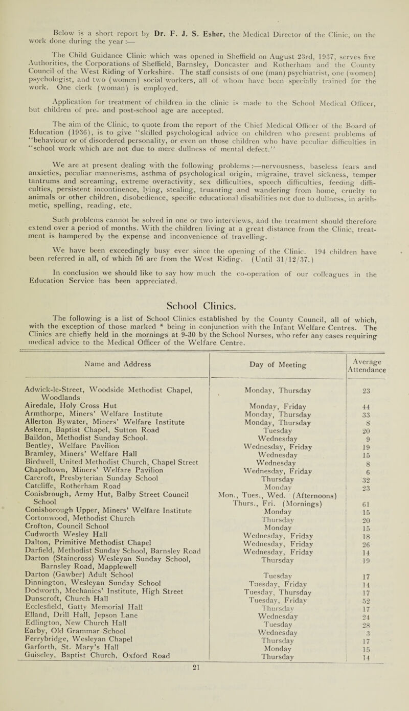 Below is a short report by Dr. F. J. S. Esher, the Medical Director of the Clinic, on the work done during the year :■— I he Child Guidance Clinic which was opened in Sheffield on August 2-5rd, 19.'i7, serves five Authorities, the Corporations of Sheffield, Barnsley, Doncaster and Rotherham and the County Council of the West Riding of Yorkshire. The staff consists of one (man) psychiatrist, one (women) psychologist, and two (women) social workers, all of whom have been specially trained for the work. One clerk (woman) is employed. Application for treatment of children in the clinic is made to the School Medical Officer, but children of pre- and post-school age are accepted. The aim of the Clinic, to quote from the report of the Chief Medical Officer of the Board of Education (193G), is to give “skilled psychological advice on children who present problems of “behaviour or of disordered personality, or even on those children who have peculiar difficulties in “school work which are not due to mere dullness of mental defect.” We are at present dealing with the following problems:—nervousness, baseless fears and anxieties, peculiar mannerisms, asthma of psychological origin, migraine, travel sickness, temper tantrums and screaming, extreme overactivity, sex difficulties, speech difficulties, feeding diffi¬ culties, persistent incontinence, lying, stealing, truanting and wandering from home, cruelty to animals or other children, disobedience, specific educational disabilities not due to dullness, in arith¬ metic, spelling, reading, etc. Such problems cannot be solved in one or two interviews, and the treatment should therefore extend over a period of months. With the children living at a great distance from the Clinic, treat¬ ment is hampered by the expense and inconvenience of travelling. We have been exceedingly busy ever since the opening of the Clinic. 194 children have been referred in all, of which 56 are from the West Riding. (Until 31/12/37.) In conclusion we should like to say how much the co-operation of our colleagues in the Education Service has been appreciated. School Clinics. The following is a list of School Clinics established by the County Council, all of which, with the exception of those marked * being in conjunction with the Infant Welfare Centres. The Clinics are chiefly held in the mornings at 9-30 by the School Nurses, who refer any cases requiring medical advice to the Medical Officer of the Welfare Centre. Name and Address Adwick-le-Street, Woodside Methodist Chapel, Woodlands Airedale, Holy Cross Hut Armthorpe, Miners’ Welfare Institute Allerton Bywater, Miners’ Welfare Institute Askern, Baptist Chapel, Sutton Road Baildon, Methodist Sunday School. Bentley, Welfare Pavilion Bramley, Miners’ Welfare Hall Birdwell, United Methodist Church, Chapel Street Chapeltown, Miners’ Welfare Pavilion Carcroft, Presbyterian Sunday School Catcliffe, Rotherham Road Conisbrough, Army Hut, Balby Street Council School Conisborough Upper, Miners’ Welfare Institute Cortonwood, Methodist Church Crofton, Council School Cudworth Wesley Hall Dalton, Primitive Methodist Chapel Darfield, Methodist Sunday School, Barnsley Road Darton (Staincross) Wesleyan Sunday School, Barnsley Road, Mapplewell Darton (Gawber) Adult School Dinnington, Wesleyan Sunday School Dodworth, Mechanics’ Institute, High Street Dunscroft, Church Hall Ecclesfield, Gatty Memorial Hall Elland, Drill Hall, Jepson Lane Edlington, New Church Hall Earby, Old Grammar School Ferrybridge, Wesleyan Chapel Garforth, St. Mary’s Hall Guiseley, Baptist Church, Oxford Road Day of Meeting Average Attendance Monday, Thursday 23 Monday, Friday 44 Monday, Thursday 33 Monday, Thursday 8 Tuesday 20 Wednesday 9 Wednesday, Friday 19 Wednesday 15 Wednesday 8 Wednesday, Friday 6 Thursday 32 Monday 23 Mon., Tues., Wed. (Afternoons) Thurs., Fri. (Mornings) 61 Monday 15 Thursday 20 Monday 15 Wednesday, Friday 18 Wednesday, Friday 26 Wednesday, Friday 14 Thursday 19 Tuesday 17 Tuesday, Friday 14 Tuesday, Thursday 17 Tuesday, Friday 52 Thursday 17 Wednesday 24 Tuesday 28 Wednesday 3 Thursday 17 Monday 15 Thursday 14