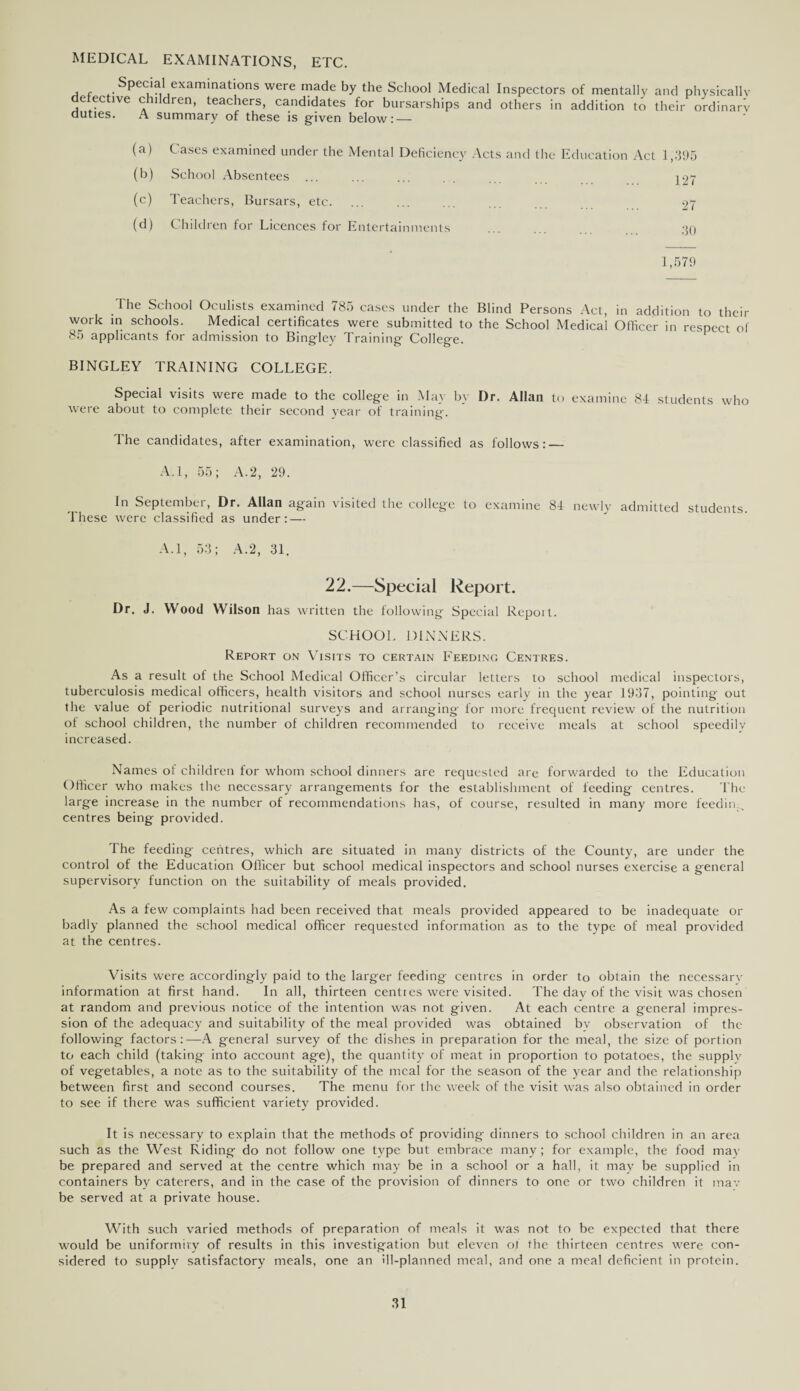 MEDICAL EXAMINATIONS, ETC. Special examinations were made by the School Medical Inspectors of mentally and physically defective children, teachers, candidates for bursarships and others in addition to their ordinary duties. A summary of these is given below:_ (a) Cases examined under the Mental Deficiency Acts and the Education Act 1,395 (b) School Absentees . 127 (c) Teachers, Bursars, etc. . 27 (d) Children for Licences for Entertainments . 30 1,579 The School Oculists examined 785 cases under the Blind Persons Act, in addition to their work in schools. Medical certificates were submitted to the School Medical Officer in respect of 85 applicants for admission to Bingley Training College. BINGLEY TRAINING COLLEGE. Special visits were made to the college in May hv Dr. Allan to examine 84 students who were about to complete their second year of training. The candidates, after examination, were classified as follows: — A.I, 55; A.2, 29. In September, Dr. Allan again visited the college to examine 84 newly admitted students. These were classified as under: — A.l, 53; A.2, 31. 22.—Special Report. Dr. J. Wood Wilson has written the following Special Report. SCHOOL DINNERS. Report on Visits to certain Feeding Centres. As a result of the School Medical Officer’s circular letters to school medical inspectors, tuberculosis medical officers, health visitors and school nurses early in the year 1937, pointing out the value of periodic nutritional surveys and arranging for more frequent review of the nutrition of school children, the number of children recommended to receive meals at school speedilv increased. Names of children for whom school dinners are requested are forwarded to the Education Officer who makes the necessary arrangements for the establishment of feeding centres. The large increase in the number of recommendations has, of course, resulted in many more feedim. centres being provided. I he feeding centres, which are situated in many districts of the County, are under the control of the Education Officer but school medical inspectors and school nurses exercise a general supervisory function on the suitability of meals provided. As a few complaints had been received that meals provided appeared to be inadequate or badly planned the school medical officer requested information as to the type of meal provided at the centres. Visits were accordingly paid to the larger feeding centres in order to obtain the necessary information at first hand. In all, thirteen centres were visited. The day of the visit was chosen at random and previous notice of the intention was not given. At each centre a general impres¬ sion of the adequacy and suitability of the meal provided was obtained bv observation of the following factors:—A general survey of the dishes in preparation for the meal, the size of portion to each child (taking- into account age), the quantity of meat in proportion to potatoes, the supply of vegetables, a note as to the suitability of the meal for the season of the year and the relationship between first and second courses. The menu for the week of the visit was also obtained in order to see if there was sufficient variety provided. It is necessary to explain that the methods of providing dinners to school children in an area such as the West Riding do not follow one type but embrace many; for example, the food may be prepared and served at the centre which may be in a school or a hall, it may be supplied in containers by caterers, and in the case of the provision of dinners to one or two children it mav be served at a private house. With such varied methods of preparation of meals it was not to be expected that there would be uniformity of results in this investigation but eleven of the thirteen centres were con¬ sidered to supply satisfactory meals, one an ill-planned meal, and one a meal deficient in protein.