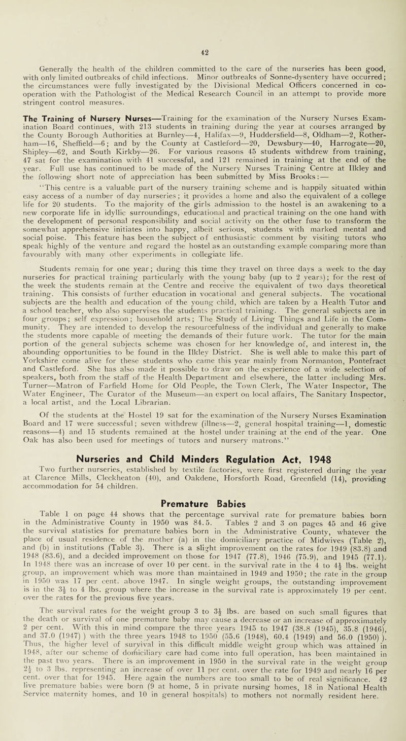 Generally the health of the children committed to the care of the nurseries has been good, with only limited outbreaks of child infections. Minor outbreaks of Sonne-dysentery have occurred; the circumstances were fully investigated by the Divisional Medical Officers concerned in co¬ operation with the Pathologist of the Medical Research Council in an attempt to provide more stringent control measures. The Training of Nursery Nurses—Training for the examination of the Nursery Nurses Exam¬ ination Board continues, with 21.3 students in training during the year at courses arranged by the County Borough Authorities at Burnley—-4, Halifax—9, Huddersfield—8, Oldham—2, Rother¬ ham—^16, Sheffield—6; and by the County at Castleford—^20, Dewsbury—40, Harrogate—20, Shipley—62, and South Kirkby—26. For various reasons 45 students withdrew from training, 47 sat for the examination with 41 successful, and 121 remained in training at the end of the vear. Full use has continued to be made of the Nursery Nurses Training Centre at Ilkley and the following short note of appreciation has been submitted by Miss Brooks: — “This centre is a valuable part of the nursery training .scheme and is happily situated within easy access of a number of day nurseries ; it provides a liome and also the equivalent of a college life for 20 students. To the majority of the girls admission to the hostel is an awakening to a new corporate life in idyllic surroundings, educational and practical training on the one hand with the development of personal responsibility and social activity on the other fuse to transform the somewhat apprehensive initiates into happy, albeit serious, students with marked mental and social poise. This feature has been the subject of enthusiastic comment by visiting tutors who speak highly of the venture and regard the hostel as an outstanding example comparing more than favourably with many other experiments in collegiate life. Students remain for one year ; during this time they travel on three days a week to the day nurseries for practical training particularly with the young baby (up to 2 year.s); for the rest of the week the students remain at the Centre and receive the equivalent of two days theoretical training. This consists of further education in vocational and general subjects. The vocational subjects are the health and education of the young child, which are taken by a Health Tutor and a school teacher, who also supervises the students practical training. The general subjects are in four groups; self expression; household arts; The Study of Living Things and Life in the Com¬ munity. They are intended to develop the resourcefulness of the individual and generally to make the students more capable of meeting the demands of their future work. The tutor for the main portion of the general subjects scheme was chosen for her knowledge of, and interest in, the abounding opportunities to be found in the Ilkley District. She is well able to make this part of Yorkshire come alive for these students who came this year mainly from Normanton, Pontefract and Castleford. She has also made it possible to draw on the experience of a wide selection of speakers, both from the staff of the Health Department and elsewhere, the latter including Mrs. Turner—Matron of Farfield Home for Old People, the Town Clerk, The Water Inspector, The Water Engineer, The Curator of the Museum—an expert on local affairs, The Sanitary Inspector, a local artist, and the Local Librarian. Of the students at the Hostel 19 sat for the examination of the Nursery Nurses Examination Board and 17 were successful; seven withdrew (illness—2', general hospital training—1, domestic reasons—4) and 15 students remained at the hostel under training at the end of the year. One Oak has also been used for meetings of tutors and nursery matrons.’’ Nurseries and Child Minders Regulation Act, 1948 Two further nurseries, established by textile factories, were first registered during the year at Clarence Mills, Cleckheaton (40), and Oakdene, Horsforth Road, Greenfield (14), providing accommodation for 54 children. Premature Babies Table 1 on page 44 shows that the percentage survival rate for premature babies born in the Administrative County in 1950 was 84.5. Tables 2 and 3 on pages 45 and 46 give the survival statistics for premature babies born in the Administrative County, whatever the place of usual residence of the mother (a) in the domiciliary practice of Midwives (Table 2), and (b) in institutions (Table 3). There is a slight improvement on the rates for 1949 (83.8) and 1948 (83.6), and a decided improvement on those for 1947 (77.8), 1946 (75.9), and 1945 (77.1). In 1948 there was an increase of over 10 per cent, in the survival rate in the 4 to 4i lbs. weight group, an improvement which was more than maintained in 1949 and 1950; the rate in the group in 1950 was 17 per (-cut. above 1947. In single weight groups, the outstanding improvement is in the 3| to 4 lbs. group where the increase in the survival rate is approximately 19 per cent, over the rates for the previous five years. The survival rates for the weight group 3 to 3^ lbs. are based on such small figures that the death or survival of one premature baby may cause a decrease or an increase of approximately 2 per cent. With this in mind compare the three years 1945 to 1947 (38.8 (1945), 35.8 (1946), and 37.0 (1947)) with the three years 1948 to 1950 (55.6 (1948), 60.4 (1949) and 56.0 (1950))! Thus, the higher level of survival in this difficult middle weight group which was attained in 1948, after our scheme of domiciliary care had come into full operation, has been maintained in the past two years. There is an improvement in 1950 in the survival rate in the weight group 2| to 3 lbs. representing an increase of over 11 per cent, over the rate for 1949 and nearly 16 per cent, over that for 1945. Here again the numbers are too small to be of real significance. 42 live premature babies were born (9 at home, 5 in private nursing homes, 18 in National Health Service maternity homes, and 10 in general hospitals) to mothers not normally resident here.