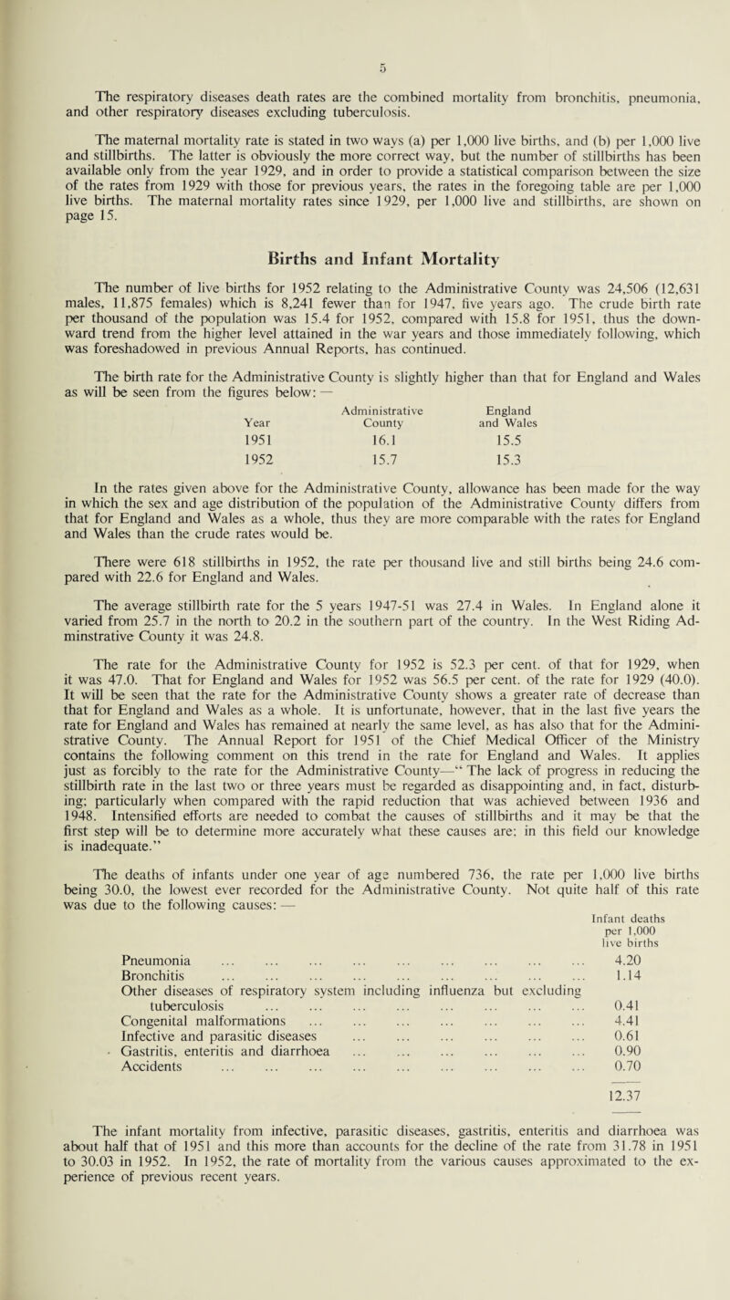 The respiratory diseases death rates are the combined mortality from bronchitis, pneumonia, and other respiratory diseases excluding tuberculosis. The maternal mortality rate is stated in two ways (a) per 1,000 live births, and (b) per 1,000 live and stillbirths. The latter is obviously the more correct way, but the number of stillbirths has been available only from the year 1929, and in order to provide a statistical comparison between the size of the rates from 1929 with those for previous years, the rates in the foregoing table are per 1,000 live births. The maternal mortality rates since 1929, per 1,000 live and stillbirths, are shown on page 15. Births and Infant Mortality The number of live births for 1952 relating to the Administrative County was 24,506 (12,631 males, 11,875 females) which is 8,241 fewer than for 1947, five years ago. The crude birth rate per thousand of the population was 15.4 for 1952, compared with 15.8 for 1951, thus the down¬ ward trend from the higher level attained in the war years and those immediately following, which was foreshadowed in previous Annual Reports, has continued. The birth rate for the Administrative County is slightly higher than that for England and Wales as will be seen from the figures below: — Administrative England Year County and Wales 1951 16.1 15.5 1952 15.7 15.3 In the rates given above for the Administrative County, allowance has been made for the way in which the sex and age distribution of the population of the Administrative County differs from that for England and Wales as a whole, thus they are more comparable with the rates for England and Wales than the crude rates would be. There were 618 stillbirths in 1952, the rate per thousand live and still births being 24.6 com¬ pared with 22.6 for England and Wales. The average stillbirth rate for the 5 years 1947-51 was 27.4 in Wales. In England alone it varied from 25.7 in the north to 20.2 in the southern part of the country. In the West Riding Ad- minstrative County it was 24.8. The rate for the Administrative County for 1952 is 52.3 per cent, of that for 1929, when it was 47.0. That for England and Wales for 1952 was 56.5 per cent, of the rate for 1929 (40.0). It will be seen that the rate for the Administrative County shows a greater rate of decrease than that for England and Wales as a whole. It is unfortunate, however, that in the last five years the rate for England and Wales has remained at nearly the same level, as has also that for the Admini¬ strative County. The Annual Report for 1951 of the Chief Medical Officer of the Ministry contains the following comment on this trend in the rate for England and Wales. It applies just as forcibly to the rate for the Administrative County—“ The lack of progress in reducing the stillbirth rate in the last two or three years must be regarded as disappointing and, in fact, disturb¬ ing; particularly when compared with the rapid reduction that was achieved between 1936 and 1948. Intensified efforts are needed to combat the causes of stillbirths and it may be that the first step will be to determine more accurately what these causes are: in this field our knowledge is inadequate.” The deaths of infants under one year of age numbered 736, the rate per 1,000 live births being 30.0, the lowest ever recorded for the Administrative County. Not quite half of this rate was due to the following causes: — Infant deaths per 1,000 live births Pneumonia ... ... ... ... ... ... ... ... ... 4.20 Bronchitis ... ... ... ... ... ... ... ... ... 1.14 Other diseases of respiratory system including influenza but excluding tuberculosis ... ... ... ... ... ... ... ... 0.41 Congenital malformations ... ... ... ... ... ... ... 4.41 Infective and parasitic diseases ... ... ... ... ... ... 0.61 • Gastritis, enteritis and diarrhoea . 0.90 Accidents ... ... ... ... ... ... ... ... ... 0.70 12.37 The infant mortality from infective, parasitic diseases, gastritis, enteritis and diarrhoea was about half that of 1951 and this more than accounts for the decline of the rate from 31.78 in 1951 to 30.03 in 1952. In 1952, the rate of mortality from the various causes approximated to the ex¬ perience of previous recent years.