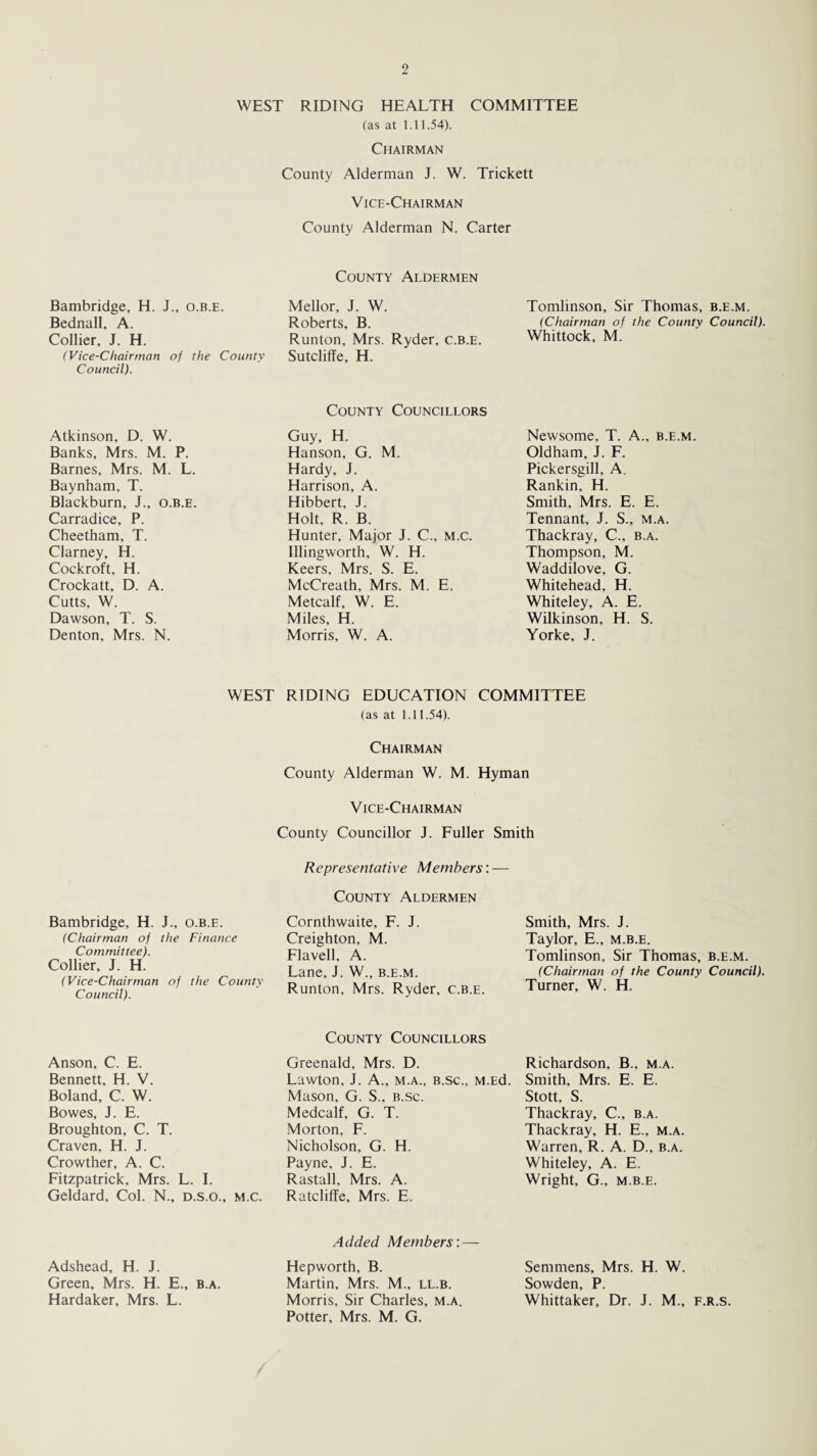 WEST RIDING HEALTH COMMITTEE (as at 1.11.54). Chairman County Alderman J. W. Trickett Vice-Chairman County Alderman N. Carter Bambridge, H. J., o.b.e. Bednall, A. Collier, J. H. (Vice-Chairman of the County Council). Atkinson, D. W. Banks, Mrs. M. P. Barnes, Mrs. M. L. Baynham, T. Blackburn, J., o.b.e. Carradice, P. Cheetham, T. Clarney, H. Cockroft, H. Crockatt, D. A. Cutts, W. Dawson, T. S. Denton, Mrs. N. County Aldermen Mellor, J. W. Roberts, B. Runton, Mrs. Ryder, c.b.e. Sutcliffe, H. County Councillors Guy, H. Hanson, G. M. Hardy, J. Harrison, A. Hibbert, J. Holt, R. B. Hunter, Major J. C., M.c. Illingworth, W. H. Keers, Mrs. S. E. McCreath, Mrs. M. E. Metcalf, W. E. Miles, H. Morris, W. A. Tomlinson, Sir Thomas, b.e.m. (Chairman of the County Council). Whittock, M. Newsome, T. A., b.e.m. Oldham, J. F. Pickersgill, A. Rankin, H. Smith, Mrs. E. E. Tennant, J. S., m.a. Thackray, C„ b.a. Thompson, M. Waddilove, G. Whitehead, H. Whiteley, A. E. Wilkinson, H. S. Yorke, J. WEST RIDING EDUCATION COMMITTEE (as at 1.11.54). Chairman County Alderman W. M. Hyman Vice-Chairman County Councillor J. Fuller Smith Bambridge, H. J., o.b.e. (Chairman of the Finance Committee). Collier, J. H. (Vice-Chairman of the County Council). Representative Members: — County Aldermen Cornthwaite, F. J. Creighton, M. Flavell, A. Lane, J. W„ b.e.m. Runton, Mrs. Ryder, c.b.e. Smith, Mrs. J. Taylor, E., m.b.e. Tomlinson, Sir Thomas, b.e.m. (Chairman of the County Council). Turner, W. H. Anson, C. E. Bennett, H. V. Boland, C. W. Bowes, J. E. Broughton, C. T. Craven, H. J. Crowther, A. C. Fitzpatrick, Mrs. L. I. Geldard. Col. N., D.s.o., m.c. County Councillors Greenald, Mrs. D. Lawton, J. A., m.a., b.sc., M.Ed. Mason, G. S., b.sc. Medcalf, G. T. Morton, F. Nicholson, G. H. Payne, J. E. Rastall. Mrs. A. Ratcliffe, Mrs. E. Richardson, B., m.a. Smith, Mrs. E. E. Stott, S. Thackray, C., b.a. Thackray, H. E., m.a. Warren, R. A. D., b.a. Whiteley, A. E. Wright, G., m.b.e. Adshead, H. J. Green, Mrs. H. E., b.a. Hardaker, Mrs. L. Added Members: — Hepworth, B. Martin, Mrs. M., ll.b. Morris, Sir Charles, m.a. Potter, Mrs. M. G. Semmens, Mrs. H. W. Sowden, P. Whittaker, Dr. J. M., f.r.s.