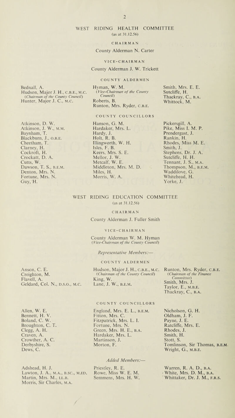 WEST Bednall, A. Hudson, Major J. H., c.b.e., m.c. (Chairman of the County Council) Hunter, Major J. C., m.c. Atkinson, D. W. Atkinson, J. W., M.M. Baynham, T. Blackburn, J., o.b.e. Cheetham, T. Clarney, H. Cockroft, H. Crockatt. D. A. Cutts, W. Dawson, T. S., b.e.m. Denton, Mrs. N. Fortune, Mrs. N. Guy, H. WEST Anson, C. E. Creighton, M. Flavell, A. Geldard, Col. N., d.s.o., m.c. Allen, W. E. Bennett, H. V. Boland, C. W. Broughton, C. T. Clegg, A. H. Craven, A. Crowther, A. C. Derbyshire, S. Dews, C. Adshead, H. J. Lawton, J. A., m.a., b.sc., m.ed. Martin, Mrs. M., ll.b. Morris, Sir Charles, m.a. RIDING HEALTH COMMITTEE (as at 31.12.56) CHAIRMAN County Alderman N. Carter VICE-CHAIRMAN County Alderman J. W. Trickett COUNTY ALDERMEN Hyman, W. M. (Vice-Chairman of the County Council) Roberts, B. Runton. Mrs. Ryder, c.b.e. COUNTY COUNCILLORS Hanson, G. M. Hardaker, Mrs. L. Hardy, J. Holt, R. B. Illingworth, W. H. Isles, F. B. Keers, Mrs. S. E. Mellor, J. W. Metcalf, W. E. Middleton, Mrs. M. D. Miles, H. Morris, W. A. Smith, Mrs. E. E. Sutcliffe. H. Thackray, C., b.a. Whittock, M. Pickersgill, A. Pike. Miss I. M. P. Prendergast, J. Rankin, H. Rhodes, Miss M. E. Smith, J. Stephens, Dr. J. A. Sutcliffe. H. H. Tennant, J. S., m.a. Thompson, M., b.e.m. Waddilove, G. Whitehead, H. Yorke, J. RIDING EDUCATION COMMITTEE (as at 31.12.56) CHAIRMAN County Alderman J. Fuller Smith VICE-CHAIRMAN County Alderman W. M. Hyman (Vice-Chairman of the County Council) Representative Members:— COUNTY ALDERMEN Hudson, Major J. H., c.b.e., m.c. (Chairman of the County Council) King, W. Lane, J. W., b.e.m. COUNTY COUNCILLORS England, Mrs. E. L., b.e.m. Fitton, Mrs. C. Fitzpatrick, Mrs. L. I. Fortune, Mrs. N. Green. Mrs. H. E., b.a. Hardaker, Mrs. L. Martinson, J. Morton, F. Added Members:— Priestley, R. E. Rowe. Miss W. E. M. Semmens, Mrs. H. W. Runton, Mrs. Ryder, c.b.e. (Chairman of the Finance Committee) Smith, Mrs. J. Taylor, E., m.b.e. Thackray, C., b.a. Nicholson, G. H. Oldham, J. F. Payne, J. E. Ratcliffe, Mrs. E. Rhodes, J. Smith, H. Stott, S. Tomlinson, Sir Thomas, b.e.m. Wright, G., m.b.e. Warren, R. A. D., b.a. ' White, Mrs. D. M., b.a. Whittaker, Dr. J. M., f.r.s.