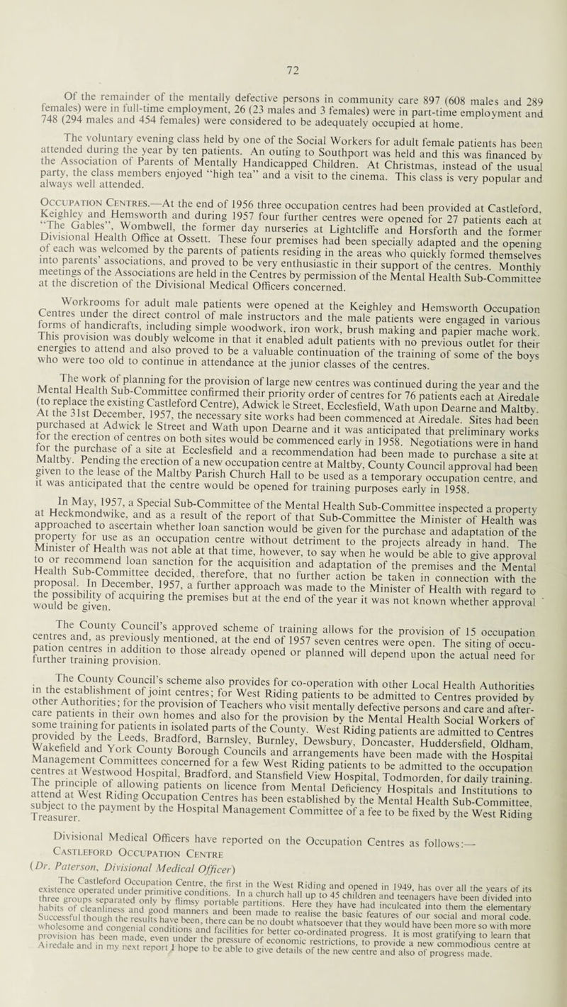Ot the remainder of the mentally defective persons in community care 897 (608 males and ?89 WCr,e ln emPlQyment’ 26 (22 males and 3 females) were in part-time employment and 748 (294 males and 454 females) were considered to be adequately occupied at home. The voluntary evening class held by one of the Social Workers for adult female patients has been attended during the year by ten patients. An outing to Southport was held and this was financed bv the Association of Parents of Mentally Handicapped Children. At Christmas, instead of the usual party, the class members enjoyed “high tea” and a visit to the cinema. This class is very popular and always well attended. } H H OccupationCentres. At the end of 1956 three occupation centres had been provided at Castleford Keighley and Hemsworth and during 1957 four further centres were opened for 27 patients each at The Ciables Wombwell, the former day nurseries at Lightcliffe and Horsforth and the former Divisional Hea th Office at Ossett. These four premises had been specially adapted and the opening of each was welcomed by the parents of patients residing in the areas who quickly formed themselves into parents associations, and proved to be very enthusiastic in their support of the centres. Monthly 7 ° r°tCi!at^nS arS hielAd,in4the,Centres by permission of the Mental Health Sub-Committee at the discretion of the Divisional Medical Officers concerned. Centms0imTrThJ0HrirtiUlt T^i ^ 0pened at the Kei§hley and Hemsworth Occupation r ^d i• thefdirect, c^ntro1.of male instructors and the male patients were engaged in various C l ms ot handicrafts, including simple woodwork, iron work, brush making and papier mache work This provision was doubly welcome in that it enabled adult patients with no previous outlet for their Jhn§ieS t0t attei^ and also Proved t0 be a valuable continuation of the training of some of the bovs ho were too old to continue in attendance at the junior classes of the centres. Mpn^HW°n^ PIailnin£.tor the provision of large new centres was continued during the year and the Mental Health Sub-Committee confirmed their priority order of centres for 76 patients each at Airedale At the 31^ Decembef ^957^ Centre)’ AdW1Ck t Ecdesfield, Wath upon Dearne and Maltby. i ~ 1jt , eACjmb^r,) 957, tbe necessary site works had been commenced at Airedale. Sites had been ? HhaSed , Ad^lck le Street and Wath upon Dearne and it was anticipated that preliminary works for the erection of centres on both sites would be commenced early in 1958. Negotiations were m hand Maltbv PPerJrfirfcr? f * ^ at EJclesfieId and a recommendation had been made to purchase a site at ^a tb.y' Pend,ngthe trew°,n!°f ine.w occuPatlon centre at Maltby, County Council approval had been ft 11 t0 tbe lease of the Maltby Parish Church Hall to be used as a temporary occupation centre, and i was anticipated that the centre would be opened for training purposes early in 1958. m hSK9?’ a SPAda[ Sub-Comnfittee of the Mental Health Sub-Committee inspected a property at Heckmondwike. and as a result of the report of that Sub-Committee the Minister of Health was DroDemhfort0usaeSCaernin whethe.r loan sanction would be given for the purchase and adaptation of the p operty f°r use as an occupation centre without detriment to the projects already in hand The m or rprnf HeaEbwas not able at that time> however, to say when he would be able to give approval Health Sub Commfifee 7 {hf acclu'sitl0n and adaptation of the premises and the Mental ^o a U ^= fth^efore> thatuno further action be taken in connection with the L P„n l December, 1957, a further approach was made to the Minister of Health with regard to woifid be given0 aCqiUnng the premises but at the end of the year it was not known whether approval * . Tbe Eounty ^uuucil’s approved scheme of training allows for the provision of 15 occupation centres and, as previously mentioned, at the end of 1957 seven centres were open The siting oC ESg'npS 10 *h°Se a'ready °peed °r Plam,ed wiU dePend uPon >he actual need for • thTbe^ur Counci1 s scheme also provides for co-operation with other Local Health Authorities ot her6 Au t N) r i ti es° fn r°fh ^ Centres;/°r ^est Rlding Patients to be admitted to Centres provided bv other Authorities for the provision of Teachers who visit mentally defective persons and care and after¬ care patients in their own homes and also for the provision by the Mental Health Social Workers of IrZZTX: 0f thRe Crty- West Riding patients are iSdto CeTtres Wakefield^d York Cmmt dR°rd’ Bfrsley’ Burnley, Dewsbury, Doncaster, Huddersfield, Oldham, akeneld and York County Borough Councils and arrangements have been made with the Hospital Management Committees concerned for a few West Ridini patients to be admitted w the occunahot! The nnY HosPlta1’. Bradford, and Stansfield View Hospital, Todmorden, for daily training attendtuC\Vest°Rid j3a 1 ’cn 1 sr°n bceacc Mental Deficiency Hospitals and Institutions to attend at West Riding Occupation Centres has been established by the Mental Health Sub-Committee TrelTurenlhC payment by the HosPital Management Committee of a fee to be fixed by the West Riding Divisional Medical Officers have reported on the Occupation Centres as follows:_ Castleford Occupation Centre (Dr. Paterson, Divisional Medical Officer) Successful though the results have been itipwran j f basic features of our social and moral code, wholesome and congenial conditions and facilities for'heuer ^hat^?ever that theY would have been more so w-ith more provision has been made evenunder“he pressureof 'Vs most Sratlf-V'ng to learn that Airedale and i„ my nex, repo,, I hope he able ,o give of p“maT.