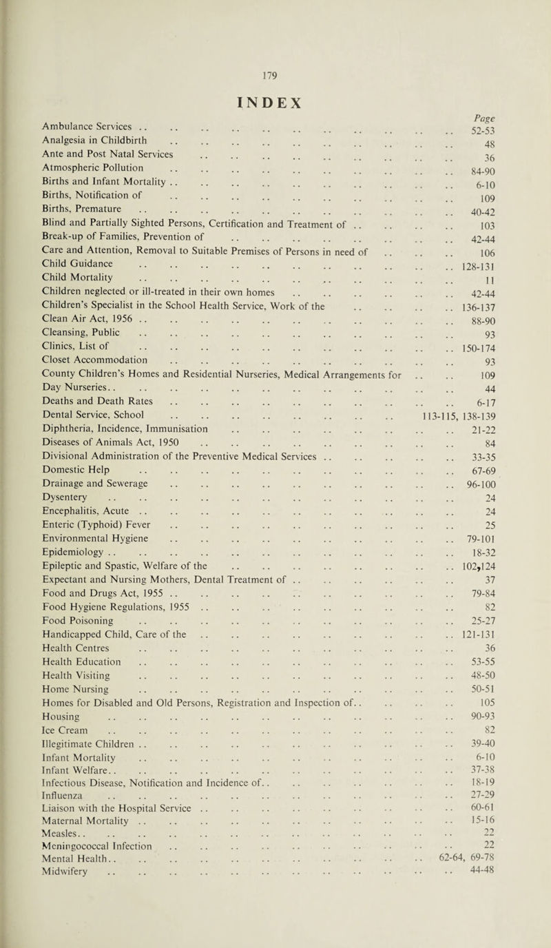 INDEX Page Ambulance Services .. .. .. .. .. .. 52-51 Analgesia in Childbirth ......... Ante and Post Natal Services .. .. . 35 Atmospheric Pollution .. .. .. .. .. .. 84-90 Births and Infant Mortality .. .. .. .. .. .. ^-10 Births, Notification of .. .. .. .. .. .. 109 Births, Premature .. .. .. .. .. .. .. 40-42 Blind and Partially Sighted Persons, Certification and Treatment of. 103 Break-up of Families, Prevention of . 42-44 Care and Attention, Removal to Suitable Premises of Persons in need of. 106 Child Guidance .. .. .. .. .. .. .. .. .. 128-131 Child Mortality .. .. .. .. .. .. .. .. .. . 11 Children neglected or ill-treated in their own homes. 42-44 Children's Specialist in the School Health Service, Work of the .136-137 Clean Air Act, 1956 .. .. .. .. .. .. .. .. .. .. 88-90 Cleansing, Public .. .. .. .. .. .. .. .. .. .. 93 Clinics, List of .. .. .. .. .. .. .. .. .. .. ..150-174 Closet Accommodation .. .. .. .. .. .. .. .. .. .. 93 County Children’s Homes and Residential Nurseries, Medical Arrangements for .. .. 109 Day Nurseries.. .. .. .. .. .. .. .. .. .. .. .. 44 Deaths and Death Rates .. .. .. .. .. .. .. .. .. .. 6-17 Dental Service, School .. .. .. .. .. .. .. .. 113-115,138-139 Diphtheria, Incidence, Immunisation .. .. .. .. .. .. .. .. 21-22 Diseases of Animals Act, 1950 .. .. .. .. .. .. .. .. .. 84 Divisional Administration of the Preventive Medical Services .. .. .. .. .. 33-35 Domestic Help .. .. .. .. .. .. .. .. .. .. .. 67-69 Drainage and Sewerage .. .. .. .. .. .. .. .. .. .. 96-100 Dysentery .. .. .. .. .. .. .. .. .. .. .. .. 24 Encephalitis, Acute .. .. .. .. .. .. .. .. .. .. .. 24 Enteric (Typhoid) Fever .. .. .. .. .. .. .. .. .. .. 25 Environmental Hygiene .. .. .. .. .. .. .. .. .. .. 79-101 Epidemiology .. .. .. .. .. .. .. .. .. .. .. .. 18-32 Epileptic and Spastic, Welfare of the .. .. .. .. .. .. .. .. 102,124 Expectant and Nursing Mothers, Dental Treatment of .. .. .. .. .. .. 37 Food and Drugs Act, 1955 .. .. .. .. .. .. .. .. .. .. 79-84 Food Hygiene Regulations, 1955 .. .. .. .. .. .. .. .. .. 82 Food Poisoning .. .. .. .. .. .. .. .. .. .. .. 25-27 Handicapped Child, Care of the .. .. .. .. .. .. .. .. ..121-131 Health Centres .. .. .. .. .. .. .. .. .. .. .. 36 Health Education .. .. .. .. .. .. .. .. .. .. .. 53-55 Health Visiting .. .. .. .. .. .. .. .. .. .. .. 48-50 Home Nursing .. .. .. .. .. .. .. .. .. .. .. 50-51 Homes for Disabled and Old Persons, Registration and Inspection of.. .. .. .. 105 Housing .. .. .. .. .. .. .. .. .. .. .. .. 90-93 Ice Cream .. .. .. .. .. .. .. .. .. .. .. .. 82 Illegitimate Children .. .. .. .. .. .. .. .. .. .. .. 39-40 Infant Mortality .. .. .. .. .. .. .. .. .. .. .. 6-10 Infant Welfare.. .. .. .. .. .. .. .. .. .. .. .. 37-38 Infectious Disease, Notification and Incidence of.. .. .. .. .. .. .. 18-19 Influenza .. .. .. .. .. .. .. .. .. .. .. •• 27-29 Liaison with the Hospital Service .. .. .. .. .. .. .. •• •• 60-61 Maternal Mortality .. .. .. .. .. .. .. .. .. .. 15-16 Measles.. Meningococcal Infection Mental Health.. .. .. .. .. .. .. .. .. •• •• 62-64, 69-78 Midwifery .. .. .. .. .. .. .. .. .. •• •• •• 44-48