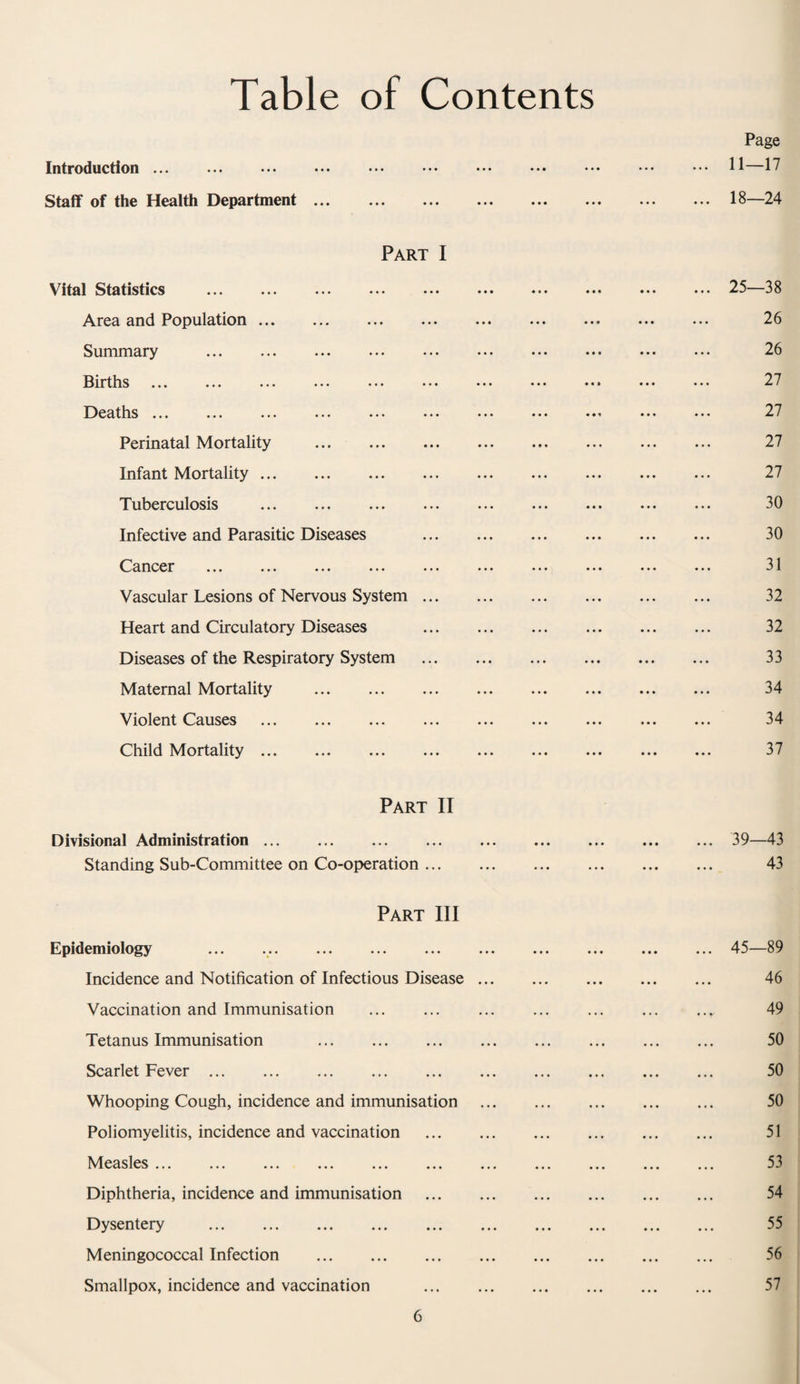 Table of Contents Introduction ... Staff of the Health Department. Part I Vital Statistics . Area and Population. Summary . Births Deaths ... ... ... ... ••• ••• Perinatal Mortality . Infant Mortality. Tuberculosis . Infective and Parasitic Diseases Cancer ... ... ... ... ... Vascular Lesions of Nervous System ... Heart and Circulatory Diseases Diseases of the Respiratory System Maternal Mortality . Violent Causes . Child Mortality. Page 11—17 18—24 25—38 26 26 27 27 27 27 30 30 31 32 32 33 34 34 37 Part II Divisional Administration ... Standing Sub-Committee on Co-operation. Part III Epidemiology Incidence and Notification of Infectious Disease ... Vaccination and Immunisation . Tetanus Immunisation . Scarlet Fever. Whooping Cough, incidence and immunisation Poliomyelitis, incidence and vaccination . Measles ... Diphtheria, incidence and immunisation . Dysentery . Meningococcal Infection . Smallpox, incidence and vaccination . 39—43 43 45—89 46 49 50 50 50 51 53 54 55 56 57
