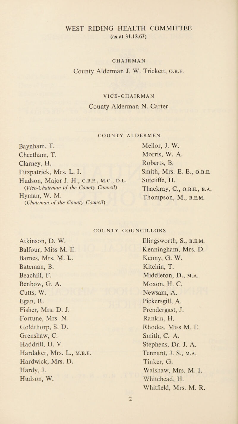 WEST RIDING HEALTH COMMITTEE (as at 31.12.63) CHAIRMAN County Alderman J. W. Trickett, o.b.e. VICE-CHAIRMAN County Alderman N. Carter COUNTY ALDERMEN Baynham, T. Mellor, J. W. Cheetham, T. Morris, W. A. Clarney, H. Roberts, B. Fitzpatrick, Mrs. L. I. Smith, Mrs. E. E., o.b, Hudson, Major J. H., c.b.e., m.c., d.l. Sutcliffe, H. ( Vice-Chairman of the County Council) Thackray, C., o.b.e., b Hyman, W. M. (Chairman of the County Council) Thompson, M., b.e.m. county COUNCILLORS Atkinson, D. W. Illingsworth, S., b.e.m Balfour, Miss M. E. Kenningham, Mrs. D Barnes, Mrs. M. L. Kenny, G. W. Bateman, B. Kitchin, T. Beachill, F. Middleton, D., m.a. Benbow, G. A. Moxon, H. C. Cutts, W. Newsam, A. Egan, R. Pickersgill, A. Fisher, Mrs. D. J. Prendergast, J. Fortune, Mrs. N. Rankin, H. Goldthorp, S. D. Rhodes, Miss M. E. Grenshaw, C. Smith, C. A. Haddrill, H. V. Stephens, Dr. J. A. Hardaker, Mrs. L., m.b.e. Tennant, J. S., m.a. Hardwick, Mrs. D. Tinker, G. Hardy, J. Walshaw, Mrs. M. I. Hudson, W. Whitehead, H. Whitfield, Mrs. M. R