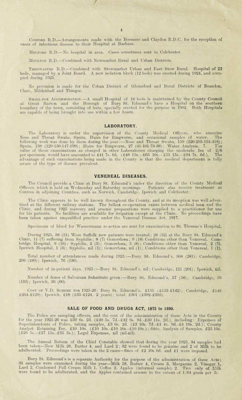 / 4 Cosford R.D.—Arrangements made with the Bosmere and Claydon R.D.C. for the reception of cases of infectious disease to their Hospital at Barham. Melford B.I).—No hospital in area. Cases sometimes sent to Colchester. Moulton R.D.—Combined with Newmarket Rural and Urban Districts. Thedwastre R.D.—Combined with Stowmarket Urban and East Stow Rural. Hospital of 22 beds, managed by a Joint Board. A new isolation block (12 beds) was erected during 1924, and occu¬ pied during 1925. No provision is made for the Urban District of Glemsford and Rural Districts of Brandon, Clare, Mildenhall and Thingoe. Small-pox Accommodation.—A small Hospital of 16 beds is maintained by the County Council at Great Barton and the Borough of Bury St. Edmund’s have a Hospital on the southern boundary of the town, consisting of huts, specially erected for the purpose in 1902. Both Hospitals are capable of being brought into use within a few hours. LABORATORY. The Laboratory is under the supervision of the County Medical Officers, who examine Nose and Throat Swabs, Sputa, Hairs for Ringworm, and occasional samples of water. The following work was done by them during the year:—Nose and Throat Swabs, 159 (220-293-194-418); Sputa, 13S (129-130-147-199); Hairs for Ringworm, 27 (41-101-73-38); Water Analysis, 7. The value of these examinations as charged in other Laboratories charging the moderate fee of 2/6 per specimen, would have amounted to £41 7s. 6d. (£48 15s. - £65 10s. - £51 15s. - £94 7s. 6d.). Tne advantage of such examinations being made in the County is that the medical department is fully aware of the type of disease prevalent. VENEREAL DISEASES. The Council provide a Clinic at Bury St. Edmund’s under the direction of the County Medical Officers, which is held on Wednesday and Saturday mornings. Patients also receive treatment at Centres in adjoining Counties, such as Norwich, Cambridge, Ipswich and Colchester. The Clinic appears to be well known throughout the County, and at its inception was well adver¬ tised at the different railway stations. The fullest co-operation exists between medical men and the Clinic, and during 1925 mercury and arsenic preparations were supplied to a practitioner for use for his patients. No facilities are available for irrigation except at the Clinic. No proceedings have been taken against unqualified practice under the Venereal Disease Act, 1917. Specimens of blood for Wassermann re-action are sent for examination to St. Thomas’s Hospital. During 1925, 38 (51) West Suffolk new patients were treated; 28 (32) at the Bury St. Edmund’s Clinic, 11 (7) suffering from Syphilis; 8 (7) Gonorrhoea; 9 (18) Conditions other than Venereal. Cam¬ bridge Hospital, 9 (16); Syphilis, 2 (3); Gonorrhoea, 5 (8); Conditions other than Venereal, 2 (5). Ipswich Hospital, 1 (3); Syphilis, nil (1); Gonorrhoea, nil (1); Conditions other than Venereal, 1 (1). Total number of attendances made during 1925:—Bury St. Edmund’s, 368 (281); Cambridge, 209 (189); Ipswich, 76 (130). Number of in-patient days, 1925:—Bury St. Edmund’s, nil; Cambridge, 121 (201); Ipswich, nil. Number of doses of Salvarsan Substitute given:—Bury St. Edmund’s, 57 (58); Cambridge, 59 (133); Ipswich, 36 (60). Cost of V.D. Scheme for 1925-26: Bury St. Edmund’s, £135 (£153-£142); Cambridge, £148 £204-£129); Ipswich, £18 (£35-£124, 2 years); total, £301 (£392-£395). SALE OF FOOD AND DRUGS ACT, 1875 to 1890. The Police are sampling officers, and the cost of the administration of these Acts in the County for the year 1925-26 was £39 6s. 2d. (£40 5s. 7d.-£42 9s. 9d.-£50 11s. 2d.), including: Expenses of Superintendents of Police, taking samples, £3 6s. 2d. (£3 10s. 7d.-£4 4s. 9d.-£4 16s. 2d.); County Analyst Retaining Fee, £10 10s. (£10 10s.-£10 10s.-£10 10s.); ditto, Analysis of Samples, £25 10s. (£26 5s.--£27 15s.-£35 5s.); Legal Expenses, nil (nil-nil). The Annual Return of the Chief Constable showed that during the year 1925, 34 samples had been taken—New Milk 28, Butter 4, and Lard 2; 32 were found to be genuine and 2 of Milk to be adulterated. Proceedings were taken in the 2 cases—fines of £2 10s Od. and £1 were imposed. Bury St. Edmund's is a separate Authority for the purpose of the administration of these Acts; 35 samples were examined during the year—Milk 18, Butter 4, Cream 3, Margarine 2, Vinegar 1, Lard 2, Condensed Full Cream Milk 1, Coffee 2, Apples (informal sample) 2. Two only of Milk