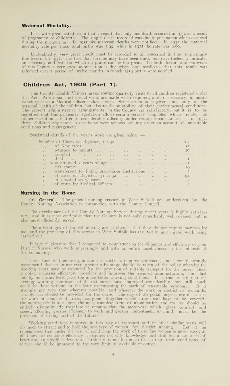 Maternal Mortality. It is with great satisfaction that I report that only one death occurred in 1932 as a result of pregnancy or childbirth. The single death recorded was due to pneumonia which occurred during the puerperium. In 1931 six maternal deaths were notified. In 1931 the maternal mortality rate per 1,000 total births was 3.99, while in 1932 the rate was 0.69. Undoubtedly, very great credit must be accorded to all concerned in this surprisingly line record for 1932; it is true that fortune may have been kind, but nevertheless it indicates an efficiency and zeal for which no praise can be too great. To both doctors and midwives of this County a very great appreciation is due when one recollects that this result was achieved over a period of twelve months in which 1459 births were notified. Children Act, 1908 (Part 1). The County Health Visitors make routine quarterly visits to all children registered under this Act. Additional and special visits are made when required, and, if necessary, in unsat- istactory cases a Medical Officer makes a visit. Strict attention is given, not only to the personal health of the children, but also to the suitability of their environmental conditions. The present administrative arrangements in the County are satisfactory, but it is to be regretted that this particular legislation allows certain serious loopholes which render its proper execution a matter of considerable difficulty under certain circumstances. In 1932. three children registered m one home were removed on my order on account of unsuitable conditions and management. Statistical details of the year’s work '.re given below:—- Number of Cases on Register, 1-1-32 ... ... ... ... 107 ,, of New cases ... ... ... ... ... ... 57 ,, returned to' parents ... ... ... ... ... ... 26 ,, adopted ... ... ... ... ... ... ... — ,, died ... ... ... ... ... ... ... ... 1 ,, who attained 7 3^ears of age ... ... ... .. ... 21 ,, left county ... ... ... ... ... ... ... 19 ,, transferred to Public Assistance Institutions ... ... 3 ,, of cases on Register, 31-12-32 ... ... ... ... 94 ,, of unsatisfactory cases ... ... ... ... ... 3 ,, of visits by Medical Officers ... ... ... ... 2 Nursing in the Home. (a) General. The general nursing services in West Suffolk are undertaken by the County Nursing Association in conjunction with the County Council. The development of the County Nursing Service during recent years is highly satisfac¬ tory, and it is most creditable that the County is not only remarkably well covered but is also most efficiently served. The advantages of trained nursing are so obvious that they do not require mention by me, and the provision of this service in West Suffolk has resulted in much good work being carried out. It ;s with pleasure that I commend to your attention the diligence and efficiency of your District Nurses, who work unceasingly and with an entire unselfishness in the interests of the community. From time to time re-organisation of districts requires settlement, and I would strongly recommend that in future even greater advantage should be taken of the policy whereby the workmg areas may be extended by the provision of suitable transport for the nurse. Such a policy increases efficiency, broadens and improves the basis of administration, and last but by no means least gives the nurse better working conditions. It is true to’ say that the average working conditions of district nurses have improved considerably, but still much could be done without in the least overstepping the mark of reasonable economy. It is strongly my view that wherever possible, and wherever the work or district so demands, a motor-car should, be provided for the nurse. The day of the pedal bicycle, useful as it is for work in comnact districts, has gone altogether where large areas have to be covered; the motor-cycle is to a nurse the most complete form of abomination and its use should be entirely discontinued; therefore it remains that the motor-car, which gives comfort and speed, allowing greater efficiency to work and greater contentment to mind, must be the provision of to-day and of the future. Working conditions improved in this way of transport and in other similar ways will do much tr> attract and to hold the best tvpe of women for district nursing. Let it be remembered that under the best of conditions the work of these fine women is never easy; at all times for complete efficiency it requires not only knowledge and skill but a stoutness of heart and an unselfish devotion. I think it is not too much to ask that their condit’ons of service should be improved to the very limit oi available resources.