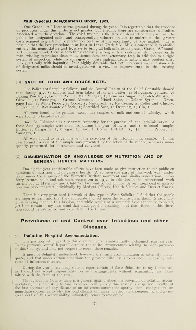 Milk (Special Designations) Order, 1923. One Grade “A” Licence was granted during the year. It is regrettable that the response of producers under this Order is not greater, but I admit there are considerable difficulties associated with the question. The chief trouble is the lack of demand on the part of the public for designated milk, and consequently producers hesitate to undertake the greater costs required in graded milk production because of the uncertainty of the market. It is possible that the best procedure in at least so far as Grade “A” Milk is concerned is to abolish entirely this nomenclature and legislate to bring all bulk milk to' the present Grade “A” stand¬ ard. To my mind, there is something- radically wrong with a system which imposes on the man, wishing to produce clean milk, licence fees, and veterinary fees, in addition to a rigid system of inspection, while his colleague with less high-minded intentions may produce dirty milk practically with impunity. It is highly desirable that both nomenclature and standards of designated milks should be investigated with a view to improvements in the existing system. (.B) SALE OF FOOD AND DRUGS ACTS. The Police are Sampling Officers, and the Annual Return of the Chief Constable showed that during 1932, 83 samples had been taken; Milk, 45; Butter, 4; Margarine, 5; Lard, 2; Baking Powder, 4; Ground Rice, 1 ; Malt Vinegar, 2; Demerara Sugar, 1 ; Scotch Whisky, 2; Olive Oil, 1 ; Sausages, 1; Ground Almonds, 1 ; Mixed Spice, 1; Golden Syrup, 1 ; Green¬ gage Jam, 1; White Pepper, 1; Cocoa, 1; Mincemeat, I; Ice Cream, 2; Coffee and Chicory, I ; Ovaltine, 1 ; Bicarbonate of Soda, I ; Shredded Suet, 1 ; Dripping, 1 ; Gin, 1. All were found to be genuine, except five samples of milk and one of whisky, which were found to be adulterated. Bury St. Edmund’s is a separate Authority for the purpose of the administration of these Acts; 33 samples were examined during the year—Milk, 21 and 1 informal sample; Butter, 3; Margarine, 2; Vinegar, I; Lard, 1; Coffee Extract, 1; Jam, 1; Pepper, i; Sausages, 1. All were found to be genuine with the exception of the informal milk sample. In this case formal division of the sample was prevented by the action of the vendor, who' was subse¬ quently prosecuted for obstruction and convicted. (C) DISSEMINATION OF KNOWLEDGE OF NUTRITION AND OF GENERAL HEALTH MATTERS. During the year considerable efforts have been made to give instruction to the public on questions of nutrition and of general health. A considerable part of this work was under¬ taken under the auspices of the Women’s Institute movement and similar associations. Over forty lectures, talks and addresses were given in 1932, in addition to the educational work carried out at Maternity and Child Welfare and School Clinics. A very great deal of instruc¬ tion was also' imparted individually by Medical Officers, Health Visitors and District Nurses. There is a very great need for work of this type in West Suffolk; I find that the people are eager to learn and that they appreciate and act upon the advice given them. Steady pro¬ gress is being made in this fashion, and while results of a dramatic type cannot be expected, yet I am certain in my own mind that much good is resulting, and that efforts in this direc¬ tion should be intensified and extended in the future. Prevalence of and Control over Infectious and other Diseases. (A) Isolation Hospital Accommodation. The position with regard to this question remains substantially unchanged from last year. In my previous Annual Report I detailed the entire circumstances relating to such provision in this County, and I do not propose to repeat those remarks. It must be definitely understood, however, that such accommodation is extremely inade¬ quate, and that under certain conditions the greatest difficulty is experienced in dealing with cases of infectious diseases. During the year I felt it my duty to report certain of these difficulties to my Committee, as I could not accept responsibility for such arrangements without acquainting my Com¬ mittee with the facts of the case. Throughout the County there is a general apathy about the provision of isolation accom¬ modation; it is interesting to find, however, how quickly this apathy is dispersed locally at the first approach of any disease of an infectious nature; the apathy then changes tcf an immediate concern as to why the local officials can make no adequate arrangements, and a very great deal of this responsibility ultimately comes to rest on me.