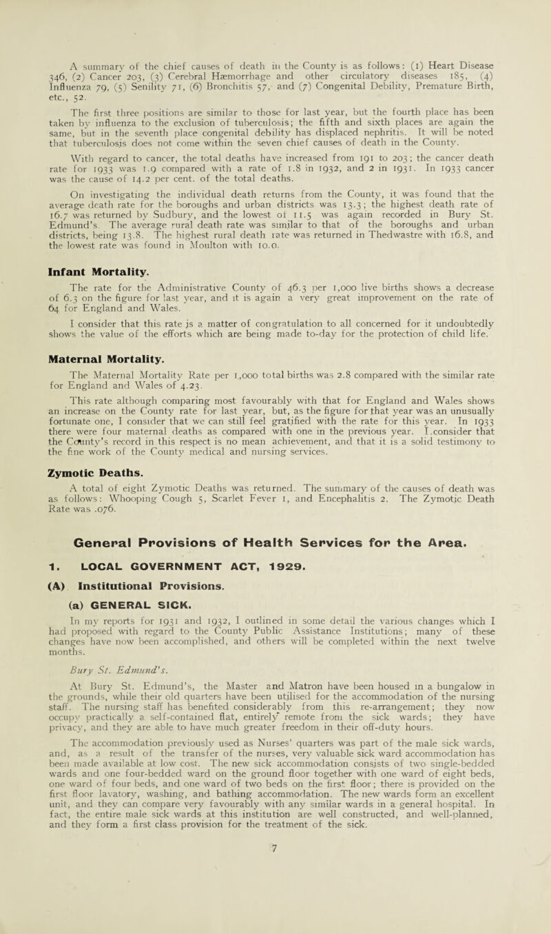 A summary of the chief causes of death in the County is as follows: (i) Heart Disease 346, (2) Cancer 203, (3) Cerebral Haemorrhage and other circulatory diseases 185, (4) Influenza 79, (5) Senility 71, (6) Bronchitis 57, and (7) Congenital Debility, Premature Birth, etc., 52. The first three positions are similar to those for last year, but the fourth place has been taken by influenza to the exclusion of tuberculosis; the fifth and sixth places are again the same, but in the seventh place congenital debility has displaced nephritis. It will be noted that tuberculosis does not come within the seven chief causes of death in the County. With regard to cancer, the total deaths have increased from 191 to 203; the cancer death rate for 1933 was 1.9 compared with a rate of 1.8 in 1932, and 2 in 1931. In 1933 cancer was the cause of 14.2 per cent, of the total deaths. On investigating the individual death returns from the County, it was found that the average death rate for the boroughs and urban districts was 13.3; the highest death rate of 16.7 was returned by Sudbury, and the lowest ol II.5 was again recorded in Bury St. Edmund’s. The average rural death rate was similar to that of the boroughs and urban districts, being 13.8. The highest rural death rate was returned in Thedwastre with 16.8, and the lowest rate was found in Moulton with 10.0. Infant Mortality. The rate for the Administrative County of 46.3 per 1,000 live births shows a decrease of 6.3 on the figure for last year, and it is again a very great improvement on the rate of 64 for England and Wales. I consider that this rate .is a matter of congratulation to all concerned for it undoubtedly shows the value of the efforts which are being made to-day for the protection of child life. Maternal Mortality. The Maternal Mortality Rate per 1 ,ooo total births was 2.8 compared with the similar rate for England and Wales of 4.23. This rate although comparing most favourably with that for England and Wales shows an increase on the County rate for last year, but, as the figure for .that year was an unusually fortunate one, I consider that we can still feel gratified with the rate for this year. In 1933 there were four maternal deaths as compared with one in the previous year. I,consider that the County’s record in this respect is no mean achievement, and that it is a solid testimony to the fine work of the County medical and nursing services. Zymotic Deaths. A total of eight Zymotic Deaths was returned. The summary of the causes of death was as follows: Whooping Cough 5, Scarlet Fever 1, and Encephalitis 2. The Zymotic Death Rate was .076. General Provisions of Health Services for the Area. 1. LOCAL GOVERNMENT ACT, 1929. (A) Institutional Provisions. (a) GENERAL SICK. In my reports for 1931 and 1932, I outlined in some detail the various changes which I had proposed with regard to the County Public Assistance Institutions; many of these changes have now been accomplished, and others will be completed within the next twelve months. Bury St. Edmund’s. At Bury St. Edmund’s, the Master and Matron have been housed in a bungalow in the grounds, while their old quarters have been utilised for the accommodation of the nursing staff. The nursing staff has benefited considerably from this re-arrangement; they now occupy practically a self-contained flat, entirely remote from the sick wards; they have privacy, and they are able to have much greater freedom in their off-duty hours. The accommodation previously used as Nurses’ quarters was part of the male sick wards, and, as a result of the transfer of the nurses, very valuable sick ward accommodation has been made available at low cost. The new sick accommodation consists of two single-bedded wards and one four-bedded ward on the ground floor together with one ward of eight beds, one ward of four beds, and one ward of two beds on .the first floor; there is provided on the first floor lavatory, washing, and bathing accommodation. The new wards form an excellent unit, and they can compare very favourably with any similar wards in a general hospital. In fact, the entire male sick wards at this institution are well constructed, and well-planned, and they form a first class provision for the treatment of the sick.