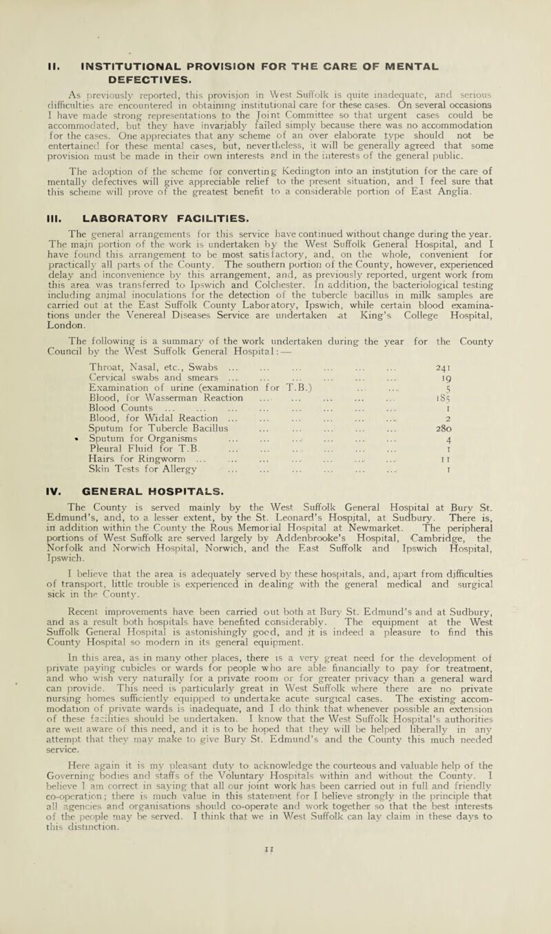 DEFECTIVES. As previously reported, this provision in West Suffolk is quite inadequate, and serious difficulties are encountered in obtaining institutional care for these cases. On several occasions I have made strong representations .to the Joint Committee so that urgent cases could be accommodated, but they have invariably failed simply because there was no accommodation for the cases. One appreciates that any scheme of an over elaborate .type should not be entertained for these mental cases, but, nevertheless, it will be generally agreed that some provision must be made in their own interests and in the interests of the general public. The adoption of the scheme for converting Kedington into an institution for the care of mentally defectives will give appreciable relief to the present situation, and I feel sure that this scheme will prove of the greatest benefit to a considerable portion of East Anglia. III. LABORATORY FACILITIES. The general arrangements for this service have continued without change during the year. The ma.in portion of the work is undertaken by the West Suffolk General Hospital, and I have found this arrangement to! be most satisfactory, and, on the whole, convenient for practically all parts of the County. The southern portion of the County, however, experienced delay and inconvenience by this arrangement, and, as previously reported, urgent work from this area was transferred to Ipswich and Colchester. In addition, the bacteriological testing including an.imal inoculations for the detection of the tubercle bacillus in milk samples are carried out at the East Suffolk County Laboratory, Ipswich, while certain blood examina¬ tions under the Venereal Diseases Service are undertaken at King’s College Hospital, London. The following is a summary of the work undertaken during the year Council by the West Suffolk General Hospital:—■ for the County Throat, Nasal, etc., Swabs ... Cervical swabs and smears ... Examination of urine (examination Blood, for Wasserman Reaction Blood Counts Blood, for Widal Reaction ... Sputum for Tubercle Bacillus Sputum for Organisms Pleural Fluid for T.B Hairs for Ringworm Skin Tests for Allergy for T B.) 241 19 5 1S5 1 2 280 4 1 11 1 IV. GENERAL HOSPITALS. The County is served mainly by the West Suffolk General Hospital at Bury St. Edmund’s, and, to a lesser extent, by the St. Leonard’s Hospital, at Sudbury. There is, in addition within the County the Rous Memorial Hospital at Newmarket. The peripheral portions of West Suffolk are served largely by Addenbrooke’s Hospital, Cambridge, the Norfolk and Norwich Hospital, Norwich, and the East Suffolk and Ipswich Hospital, Ipswich. I believe that the area is adequately served by these hospitals, and, apart from difficulties of transport, little trouble is experienced in dealing with the general medical and surgical sick in the County. Recent improvements have been carried out both at Bury St. Edmund’s and at Sudbury, and as a result both hospitals have benefited considerably. The equipment at the West Suffolk General Hospital is astonishingly good, and it is indeed a pleasure to find this County Hospital so modern in its general equipment. In this area, as in many other places, there is a very great need for the development of private paying cubicles or wards for people who are able financially to pay for treatment, and who' wish very naturally for a private room or for greater privacy than a general ward can provide. This need is particularly great in West Suffolk where there are no private nursing homes sufficiently equipped toi undertake acute surgical cases. The existing accom¬ modation of private wards is inadequate, and I do think that whenever possible an extension of these facilities should be undertaken. I know that the West Suffolk Hospital’s authorities are well aware of this need, and it is to be hoped that they will be helped liberally in any attempt that they may make to give Bury St. Edmund’s and the County this much needed service. Here again it is my pleasant duty to acknowledge the courteous and valuable help of the Governing bodies and staffs of the Voluntary Hospitals within and without the County. I believe I am correct in saying that all our joint work has been carried out in full and friendly co-operation; there is much value in this statement for I believe strongly in the principle that all agencies and organisations should co-operate and work together so that the best interests of the people may be served. I think that we in West Suffolk can lay claim in these days to this distinction. 11