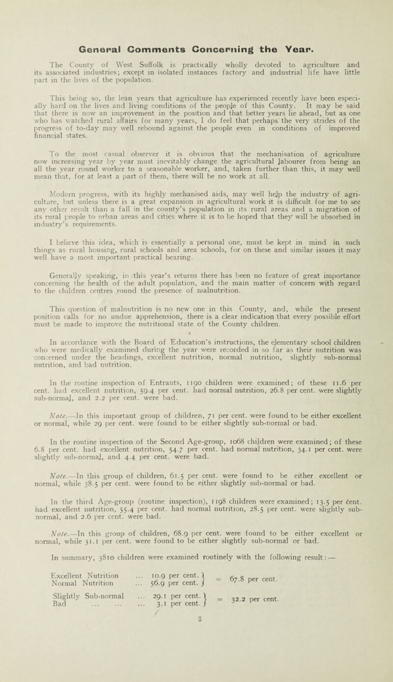 General Comments Concerning the Year. The County of West Suffolk is practically wholly devoted to agriculture and its associated industries; except in isolated instances factory and industrial life have little part in the lives of the population. This being so, the lean years that agriculture has experienced recently have been especi¬ ally hard on the lives and living conditions of the people of this County. It may be said that there is now an improvement in the position and that better years lie ahead, but as one who has watched rural affairs for many years, I do feel that perhaps the very strides of the progress of to-day may well rebound against the people even in conditions of improved financial states. To the most casual observer it is obvious that the mechanisation of agriculture now increasing year by year must inevitably change the agricultural labourer from being an all the year round worker to a seasonable worker, and, taken further than this, it may well mean that, for at least a part of them, there will be no work at all. Modern progress, with its highly mechanised aids, may well help the industry of agri¬ culture, but unless there is a great expansion in agricultural work it is difficult for me to see any other result than a fall in the county’s population in its rural areas and a migration of its rural people to urban areas and cities where it is to be hoped that they will be absorbed in industry’s requirements. I believe this idea, which is essentially a personal one, must be kept in mind in such things as rural housing, rural schools and area schools, for on these and similar issues it may well have a most important practical bearing. Generally speaking, in this year’s returns there has been no feature of great importance concerning the health of the adult population, and the main matter of concern with regard to the children centres round the presence of malnutrition. This question of malnutrition is no new one in this County, and, while the present position calls for no undue apprehension, there is a clear indication that every possible effort must be made to improve the nutritional state of the County children. In accordance with the Board of Education’s instructions, the elementary school children who were medically examined during the year were recorded in so far as their nutrition was concerned under the headings, excellent nutrition, normal nutrition, slightly sub-normal nutrition, and bad nutrition. In the routine inspection of Entrants, 1190 children were examined; of these 11.6 per cent, had excellent nutrition, 59.4 per cent, had normal nutrition, 26.8 per cent, were slightly sub-normal, and 2.2 per cent, were bad. Note.—In this important group of children, 71 per cent, were found to be either excellent or normal, while 29 per cent, were found to be either slightly sub-normal or bad. In the routine inspection of the Second Age-group, 1068 children were examined; of these 6.8 per cent, had excellent nutrition, 54.7 per cent, had normal nutrition, 34.1 per cent, were slightly sub-normaj, and 4.4 per cent, were bad. Note.—In this group of children, 61.5 per cent, were found to be either excellent or normal, while 38.5 per cent, were found to be either slightly sub-normal or bad. In the third Age-group (routine inspection), 1198 children were examined; 13.5 per Cent, had excellent nutrition, 55.4 per cent, had normal nutrition, 28.5 per cent, were slightly sub¬ normal, and 2.6 per cent, were bad. Note.—In this group of children, 68.9 per cent, were found to be either excellent or normal, while 31.1 per cent, were found to be either slightly sub-normal or bad. In summary, 3810 children were examined routinely with the following result: — Excellent Nutrition Normal Nutrition 67.8 per cent. 32.2 per cent. / Slightly Sub-normal Bad