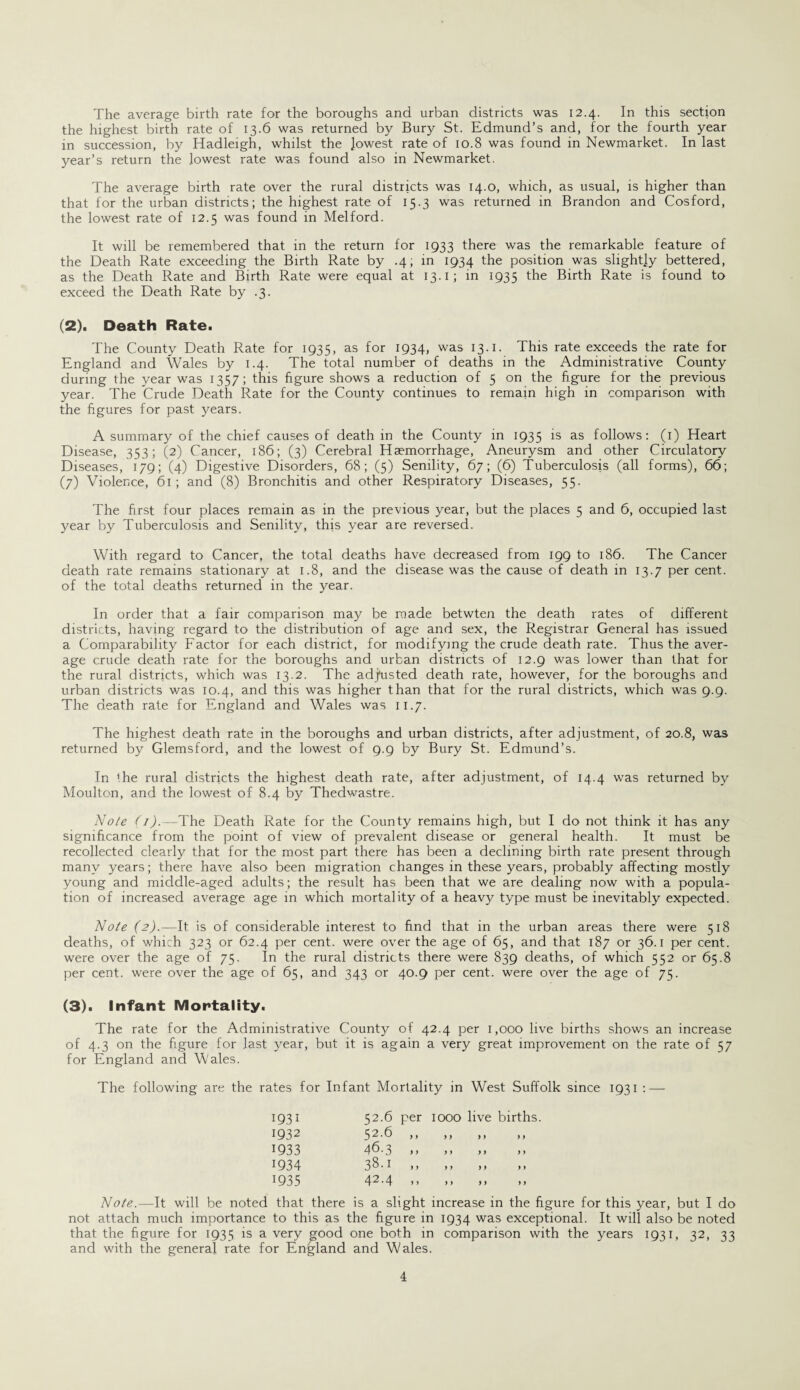 The average birth rate for the boroughs and urban districts was 12.4. In this section the highest birth rate of 13.6 was returned by Bury St. Edmund’s and, for the fourth year in succession, by Hadleigh, whilst the Jowest rate of 10.8 was found in Newmarket. In last year’s return the lowest rate was found also in Newmarket. The average birth rate over the rural districts was 14.0, which, as usual, is higher than that for the urban districts; the highest rate of 15.3 was returned in Brandon and Cosford, the lowest rate of 12.5 was found in Melford. It will be remembered that in the return for 1933 there was the remarkable feature of the Death Rate exceeding the Birth Rate by .4, in 1934 the position was slightly bettered, as the Death Rate and Birth Rate were equal at 13.1; in 1935 the Birth Rate is found to exceed the Death Rate by .3. (2) . Death Rate. The County Death Rate for 1935, as for 1934, was 13.1. This rate exceeds the rate for England and Wales by 1.4. The total number of deaths in the Administrative County during the year was 1357; this figure shows a reduction of 5 on the figure for the previous year. The Crude Death Rate for the County continues to remain high in comparison with the figures for past years. A summary of the chief causes of death in the County in 1935 is as follows: (1) Heart Disease, 353; (2) Cancer, 186; (3) Cerebral Haemorrhage, Aneurysm and other Circulatory Diseases, 179; (4) Digestive Disorders, 68; (5) Senility, 67; (6) Tuberculosis (all forms), 66; (7) Violence, 61 ; and (8) Bronchitis and other Respiratory Diseases, 55. The first four places remain as in the previous year, but the places 5 and 6, occupied last year by Tuberculosis and Senility, this year are reversed. With regard to Cancer, the total deaths have decreased from 199 to 186. The Cancer death rate remains stationary at 1.8, and the disease was the cause of death in 13.7 per cent, of the total deaths returned in the year. In order that a fair comparison may be made betwten the death rates of different districts, having regard to the distribution of age and sex, the Registrar General has issued a Comparability Factor for each district, for modifying the crude death rate. Thus the aver¬ age crude death rate for the boroughs and urban districts of 12.9 was lower than that for the rural districts, which was 13.2. The adjusted death rate, however, for the boroughs and urban districts was 10.4, and this was higher than that for the rural districts, which was 9.9. The death rate for England and Wales was 11.7. The highest death rate in the boroughs and urban districts, after adjustment, of 20.8, was returned by Glemsford, and the lowest of 9.9 by Bury St. Edmund’s. In the rural districts the highest death rate, after adjustment, of 14.4 was returned by Moulton, and the lowest of 8.4 by Thedwastre. Note (/).—'The Death Rate for the County remains high, but I do not think it has any significance from the point of view of prevalent disease or general health. It must be recollected clearly that for the most part there has been a declining birth rate present through many years; there have also been migration changes in these years, probably affecting mostly young and middle-aged adults; the result has been that we are dealing now with a popula¬ tion of increased average age in which mortality of a heavy type must be inevitably expected. Note (2).—It is of considerable interest to find that in the urban areas there were 518 deaths, of which 323 or 62.4 per cent, were over the age of 65, and that 187 or 36.1 per cent, were over the age of 75. In the rural districts there were 839 deaths, of which 552 or 65.8 per cent, were over the age of 65, and 343 or 40.9 per cent, were over the age of 75. (3) . Infant Mortality. The rate for the Administrative County of 42.4 per 1,000 live births shows an increase of 4.3 on the figure for last year, but it is again a very great improvement on the rate of 57 for England and Wales. The following are the rates for Infant Mortality in West Suffolk since 1931 : — 1931 52.6 per IOOO live births 1932 52.6 y y y y y y yy 1933 46.3 y y y y y y y y 1934 38.1 y y y y yy yy 1935 42.4 y y y y yy yy Note.—It will be noted that there is a slight increase in the figure for this year, but I do not attach much importance to this as the figure in 1934 was exceptional. It will also be noted that the figure for 1935 is a very good one both in comparison with the years 1931, 32, 33 and with the general rate for England and Wales.
